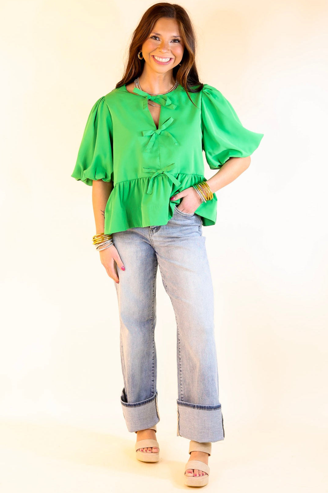 Premium Green Bow Tie Puff Sleeve Top - Ultimate Style Upgrade