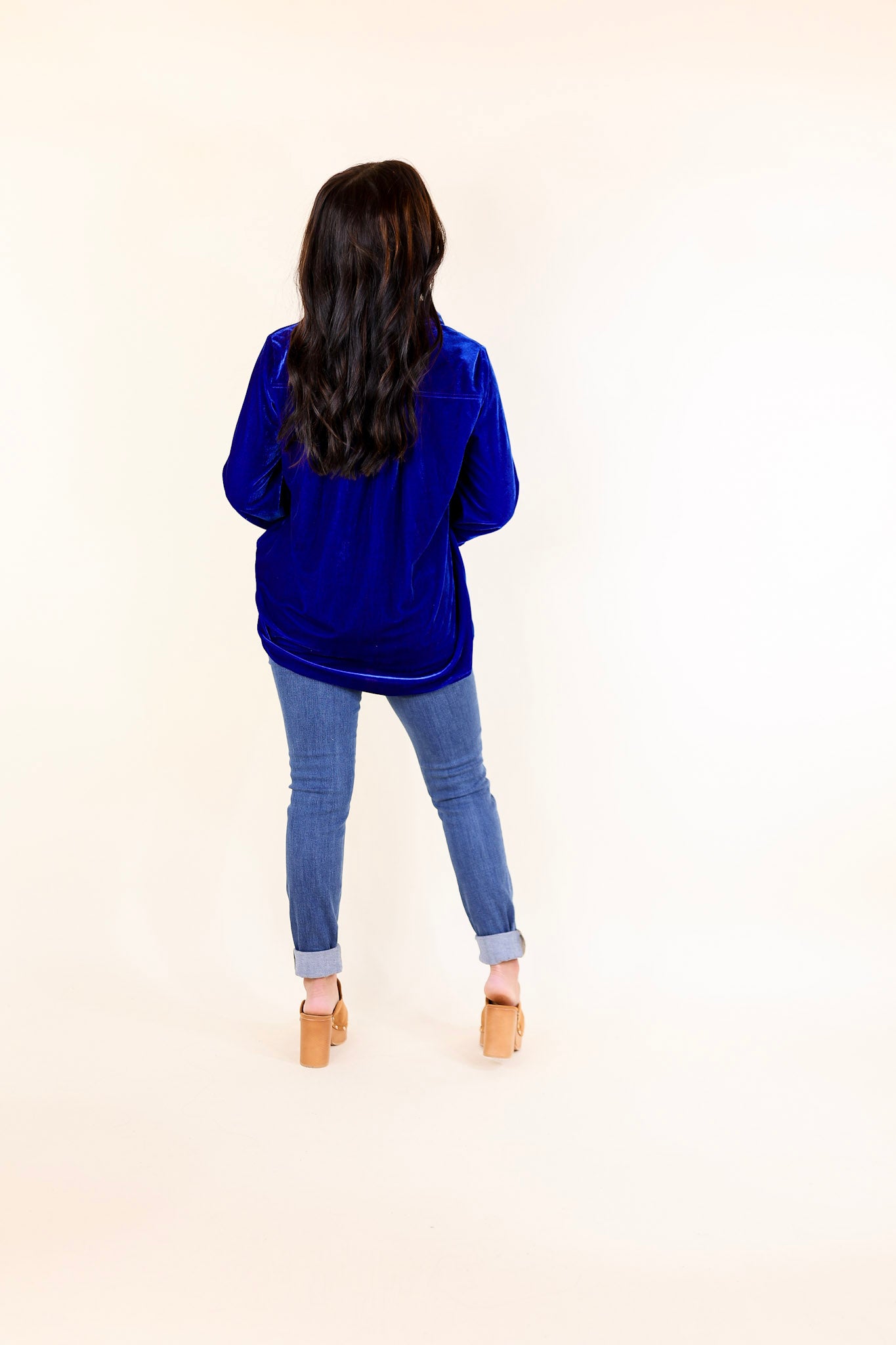 Premium Velvet Royal Blue Button-Up Blouse for Evening Elegance