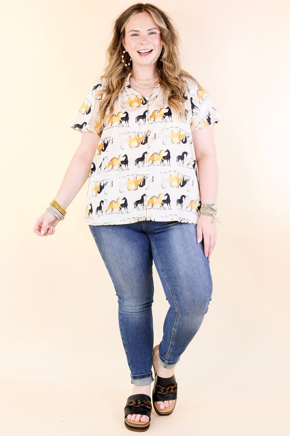Premium Away We Go Ivory Horse Print Button-Up Shirt