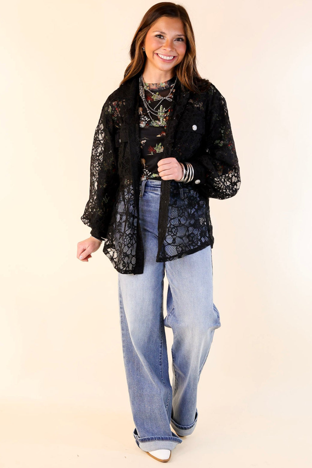 Ultimate Sheer Elegance: Black Lace Collared Button-Up Top
