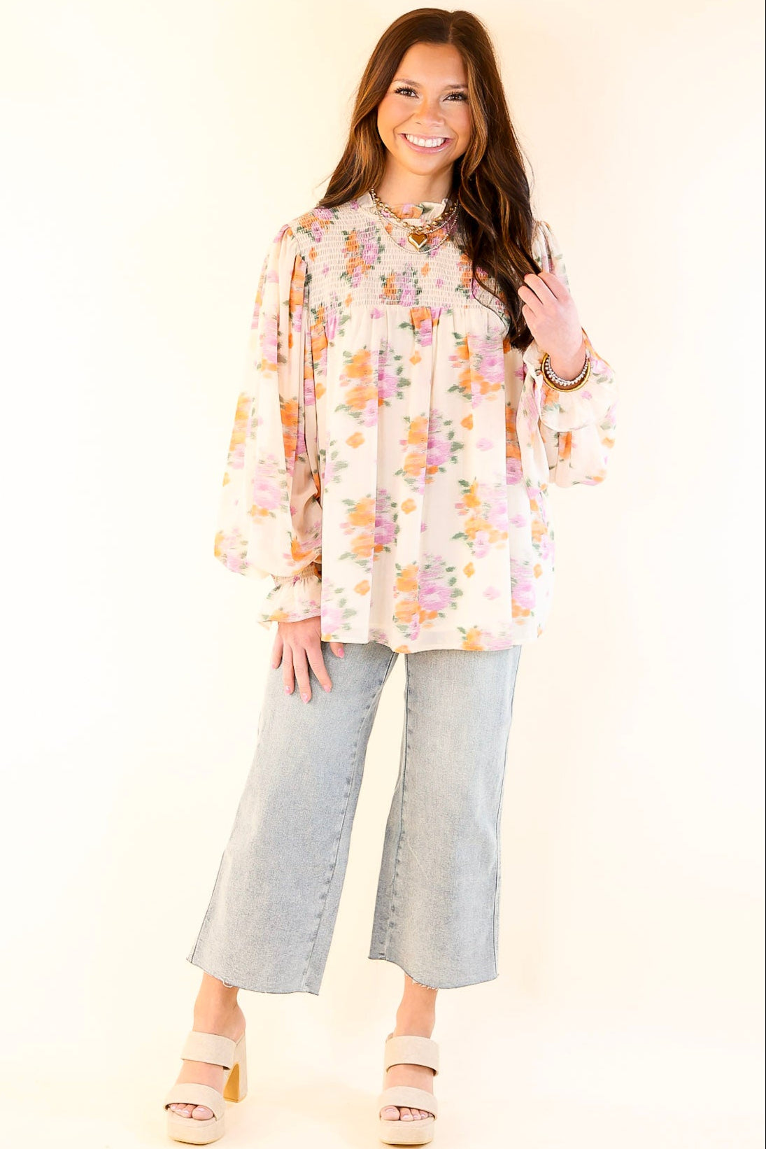 Premium Garden Glow Watercolor Floral Blouse - Elegant High Neckline in Ivory