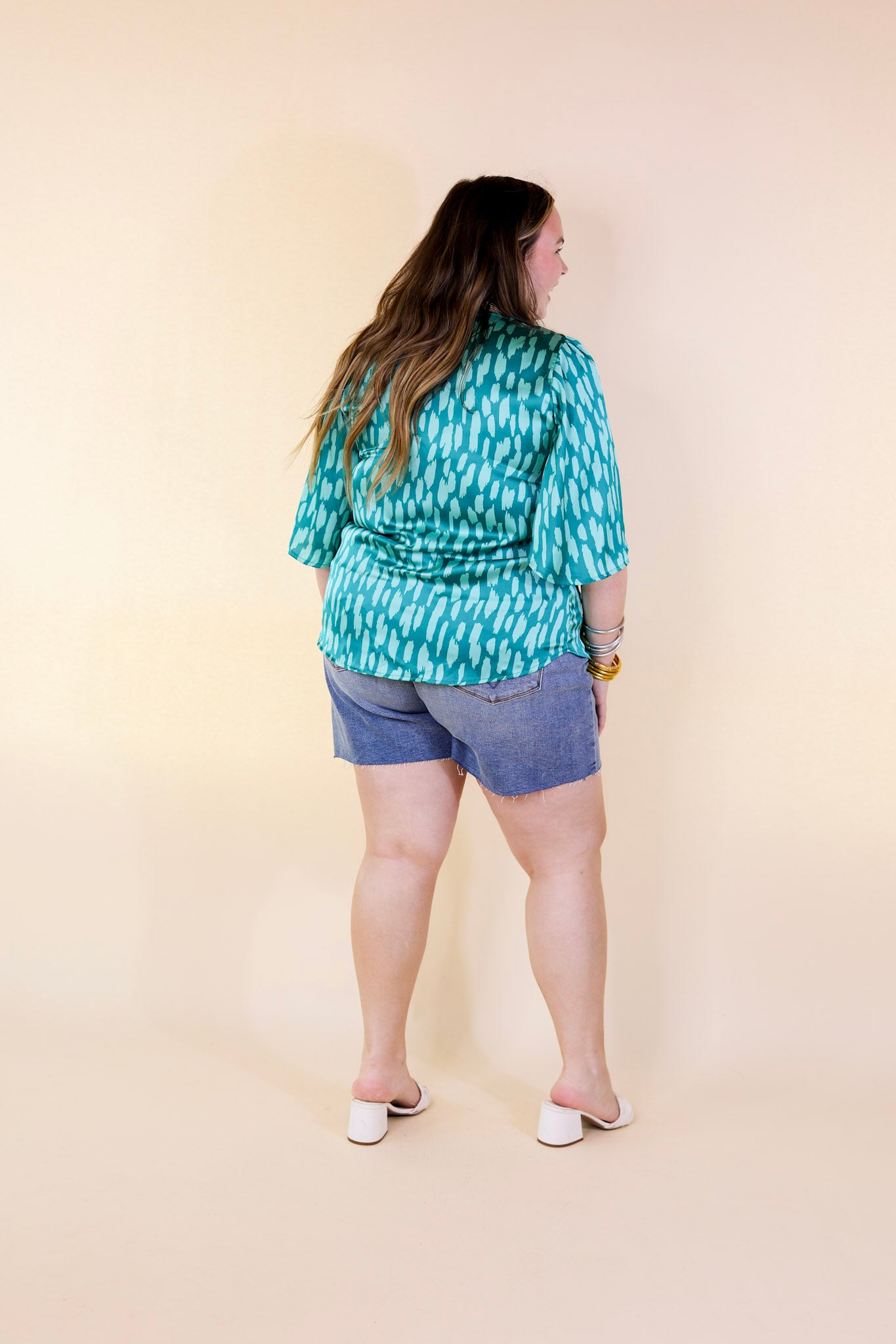 Premium Satin Dotted V-Neck Blouse - Teal Mix