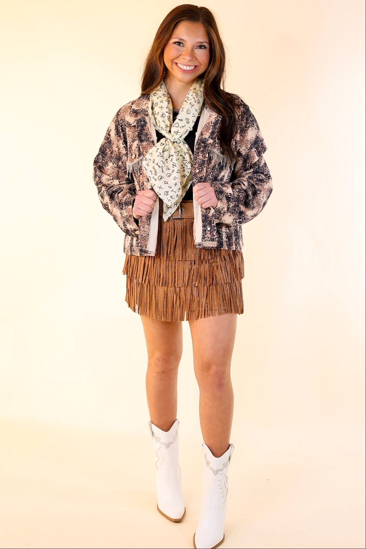 Ultimate Chic Corduroy Animal Print Jacket with Crystal Fringe - Blush Pink & Black