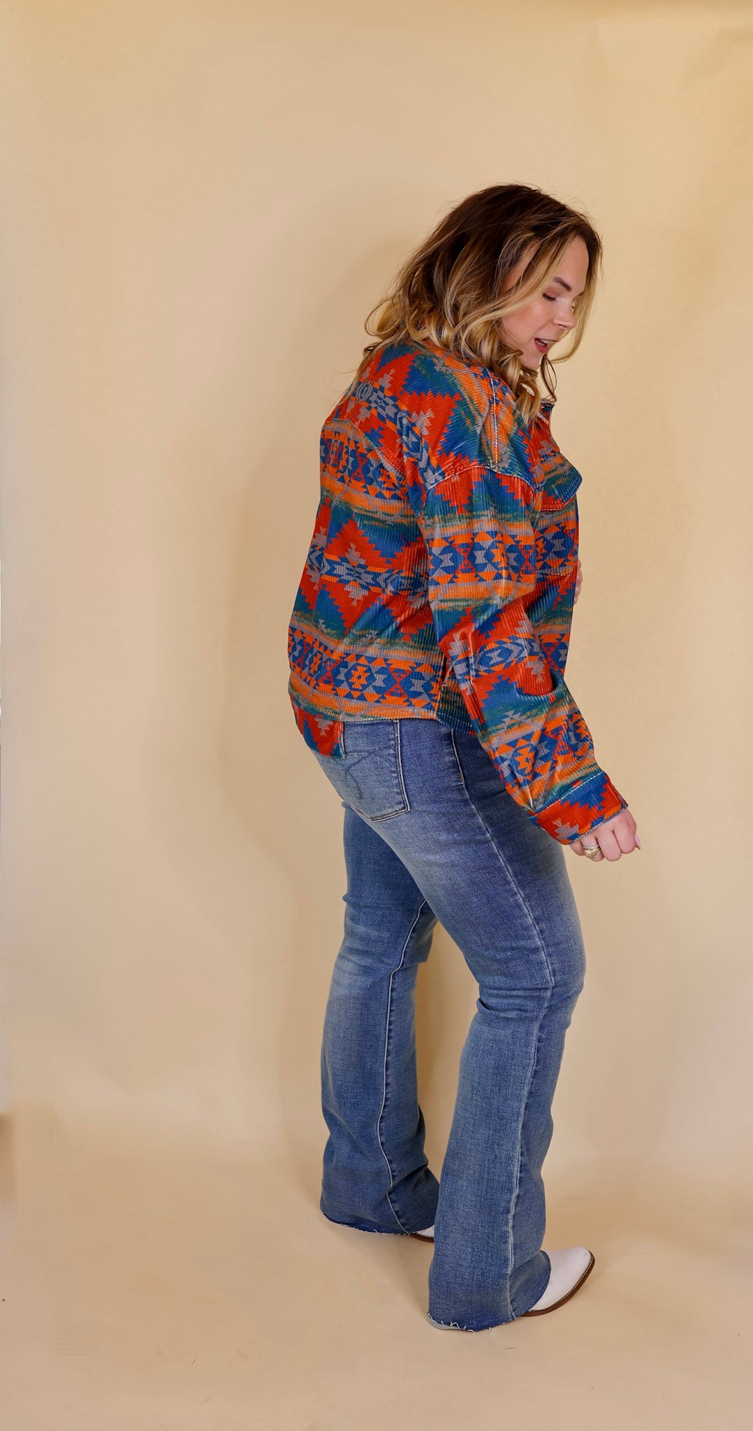 Premium Corduroy Aztec Print Shacket - Red & Blue