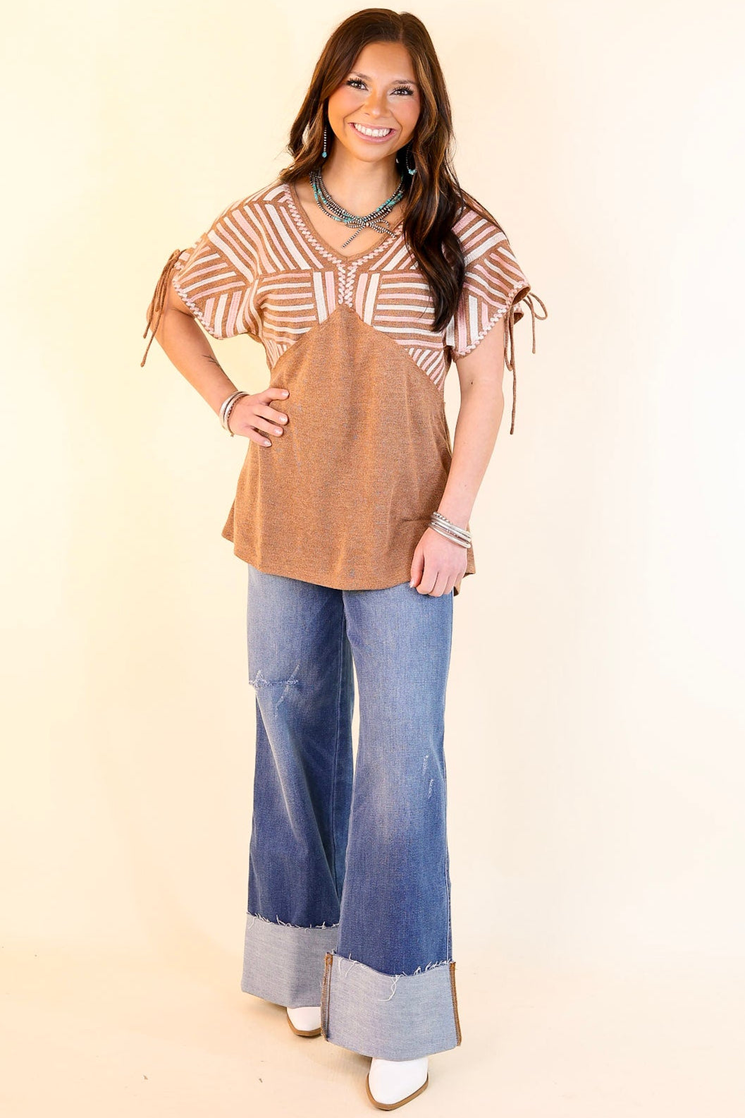 Premium Desert Vibes Embroidered Top with Sleeve Ties - Pink, Ivory & Brown