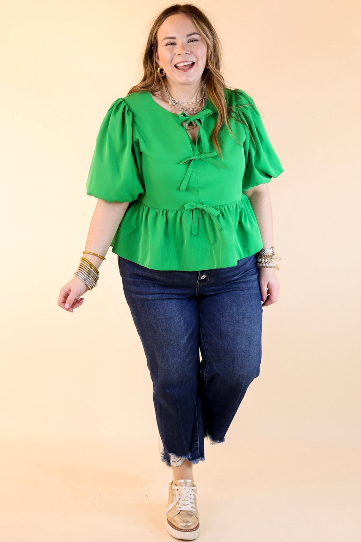 Premium Green Bow Tie Puff Sleeve Top - Ultimate Style Upgrade