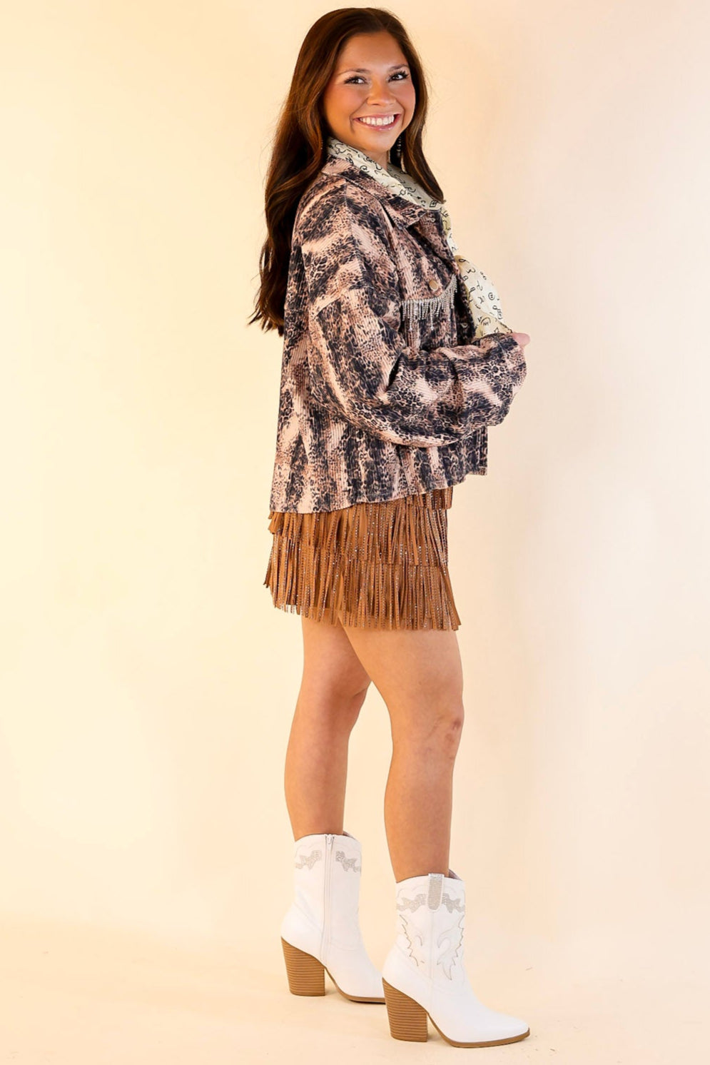 Ultimate Chic Corduroy Animal Print Jacket with Crystal Fringe - Blush Pink & Black