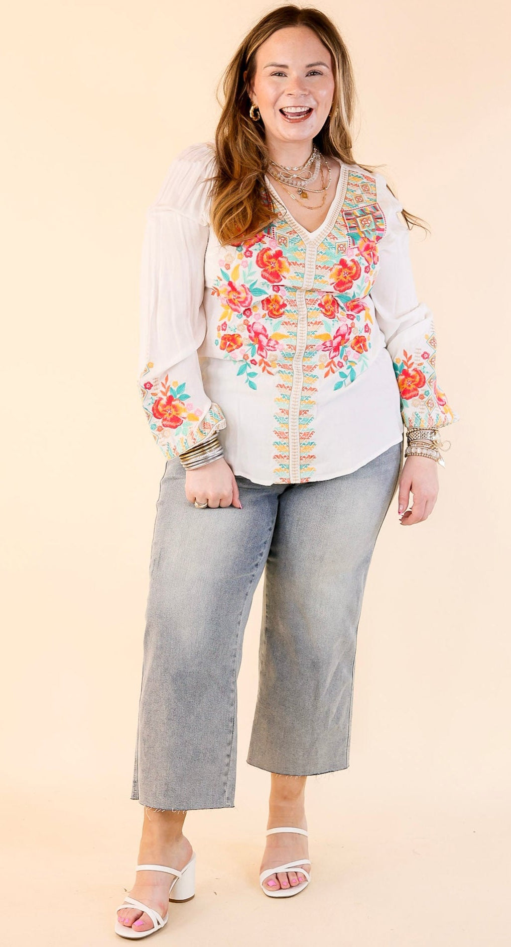 Premium V-Neck Long Sleeve Embroidered Top - White | Ultimate Brunch Style