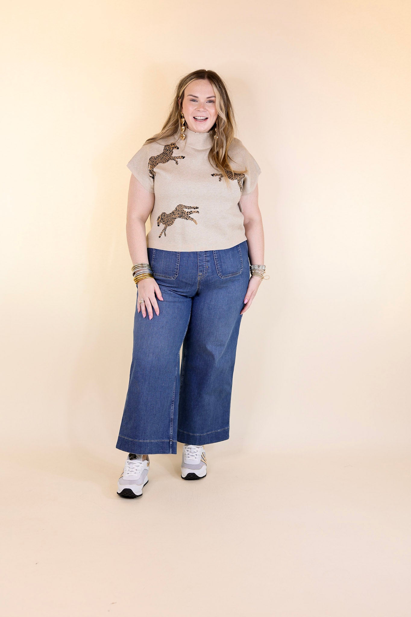 Premium Elegance Cheetah Print Sweater Top in Oatmeal Beige