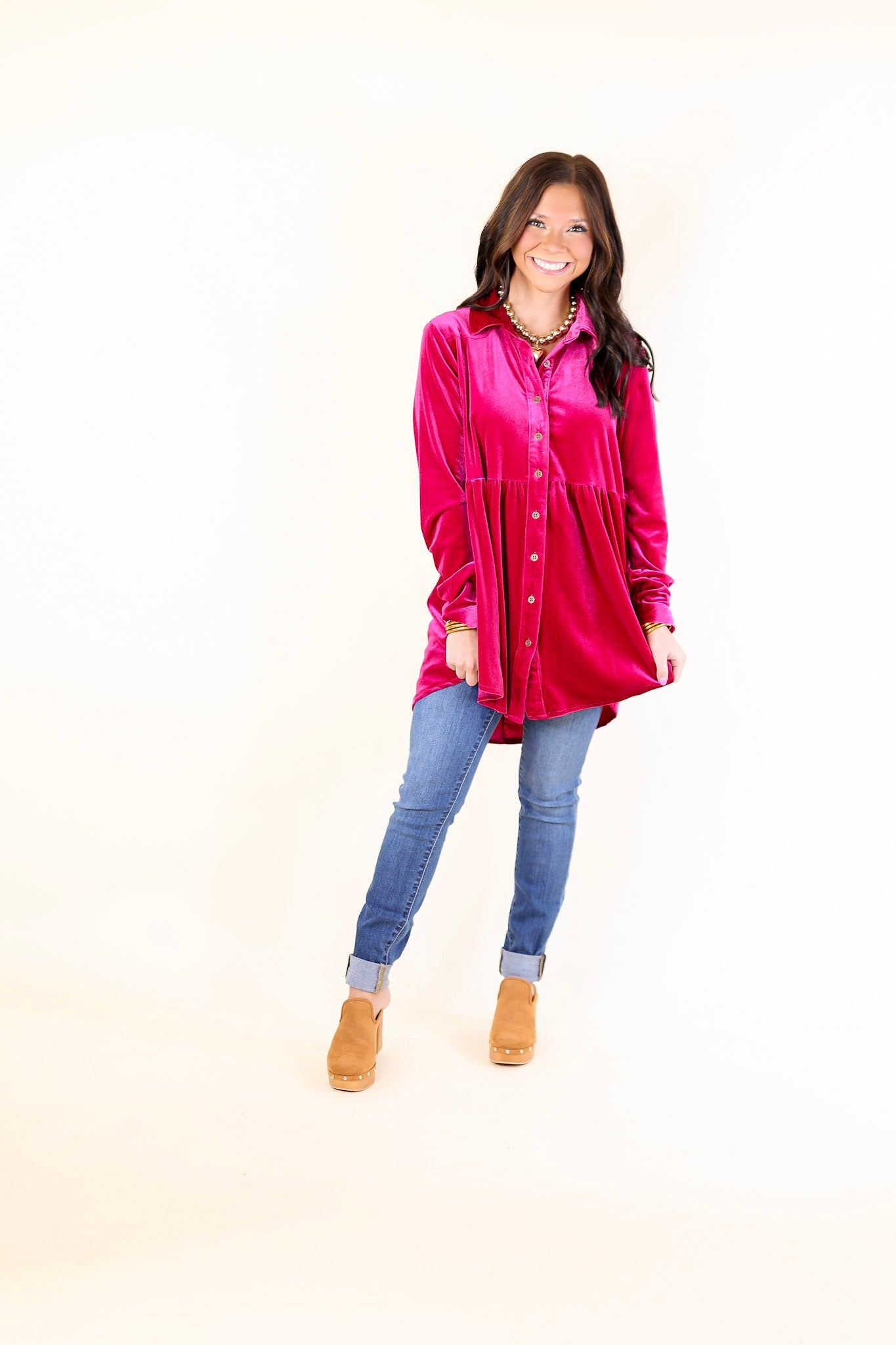 Premium Velvet Babydoll Tunic Top - Raspberry Pink | Ultimate Elegance