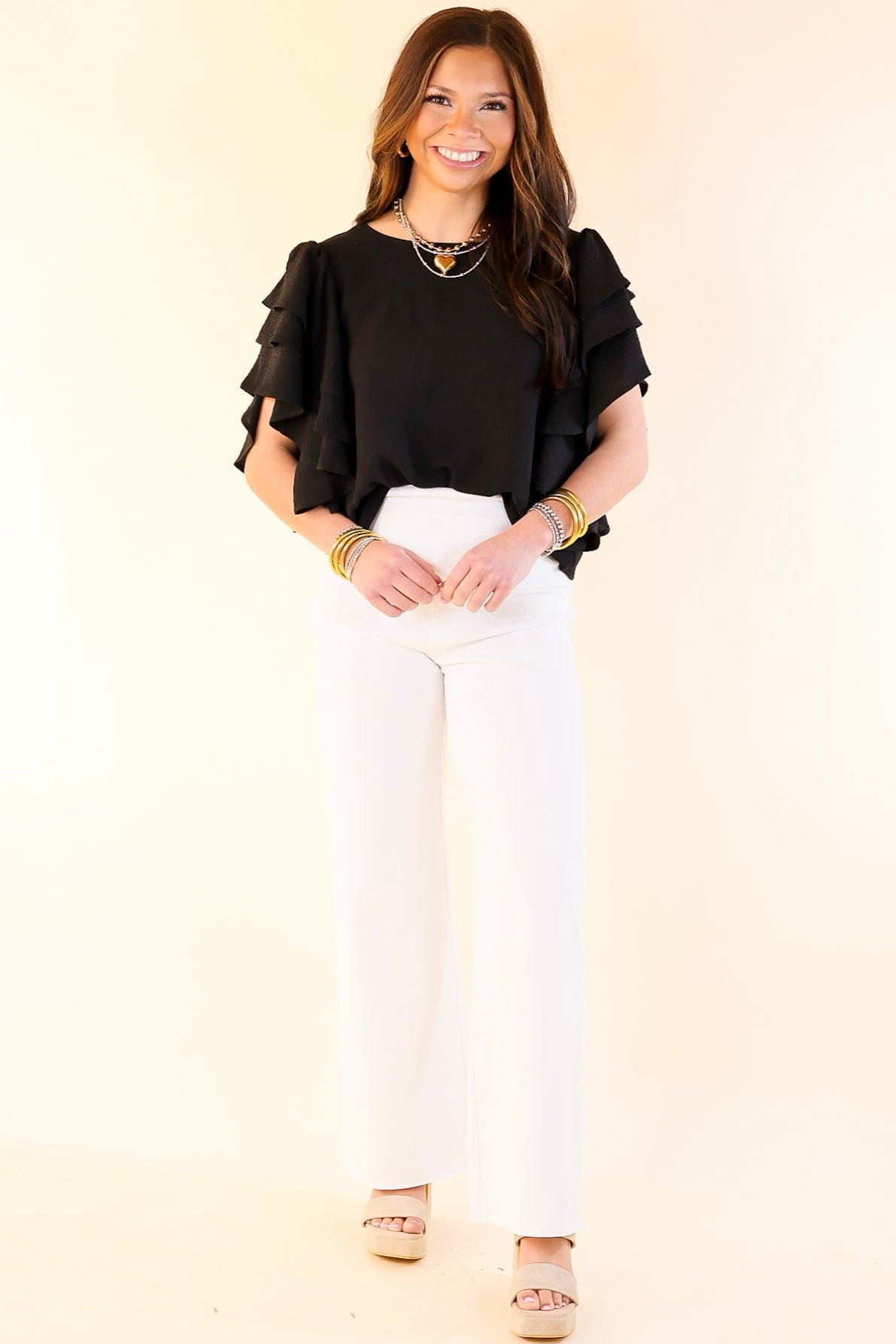 Premium Elegance: Black Multi-Tiered Ruffle Cap Sleeve Top