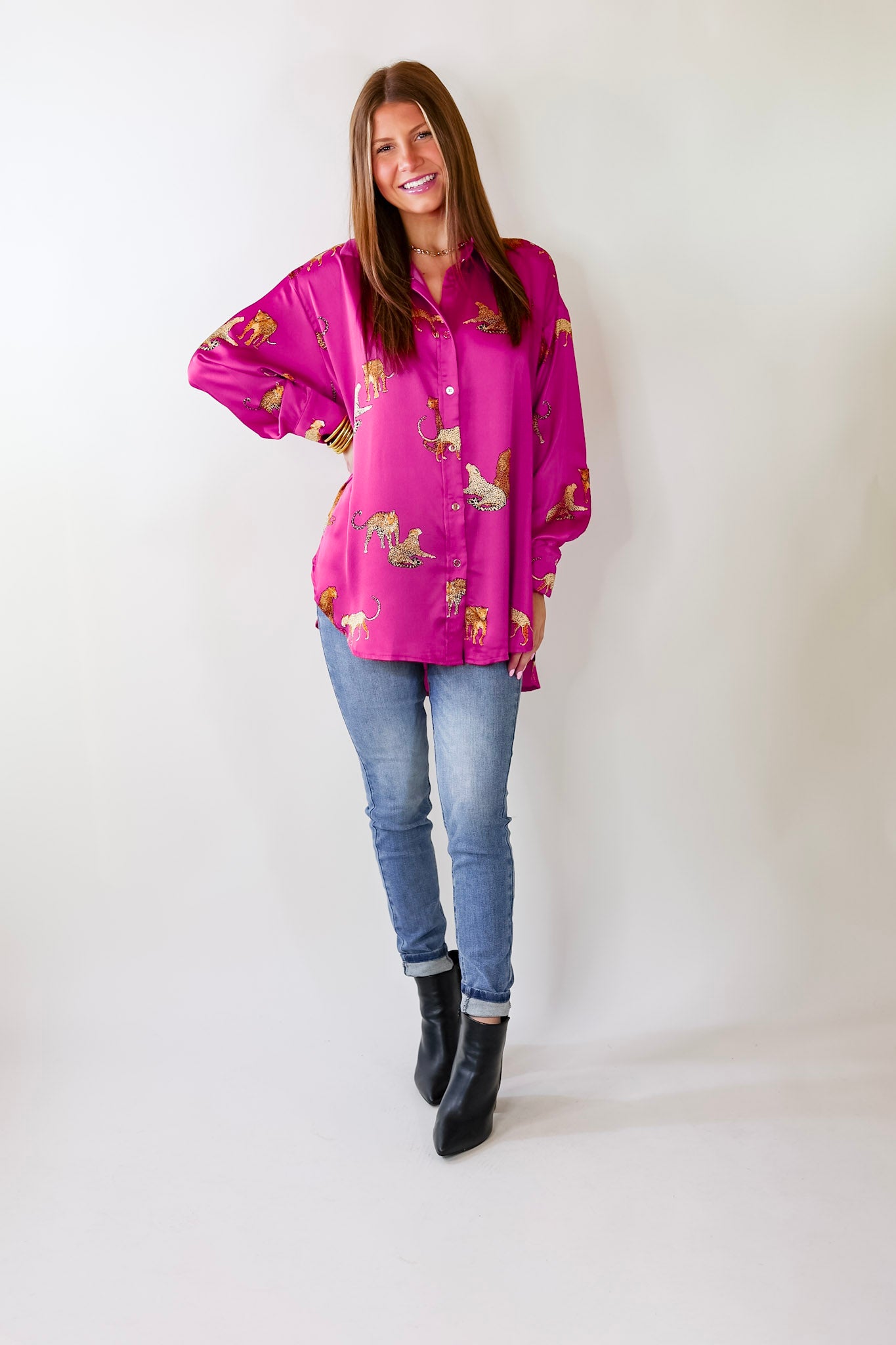 Premium Cheetah Print Long Sleeve Button-Up Top - Magenta Pink
