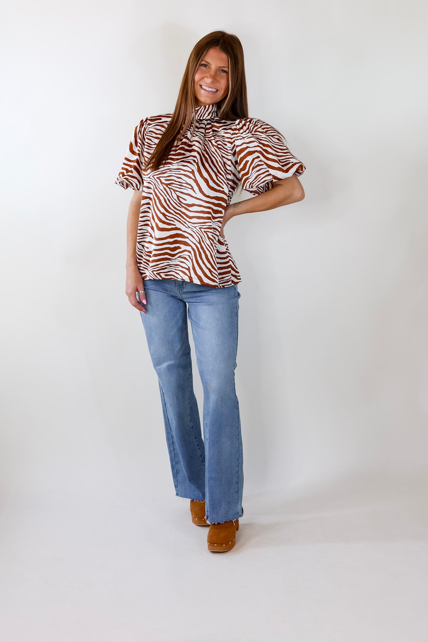 Premium Rival Flair Zebra Print Mock Neck Top – Ginger & White