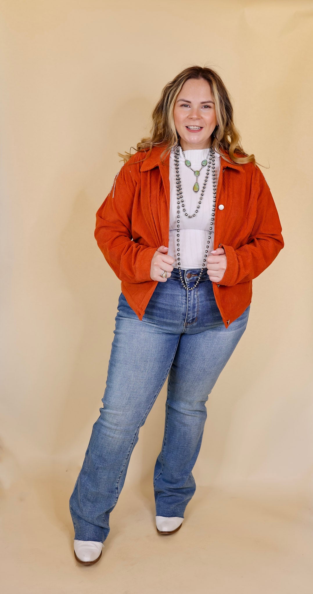 Ultimate Rust Orange Corduroy Shacket with Crystal Fringe Back