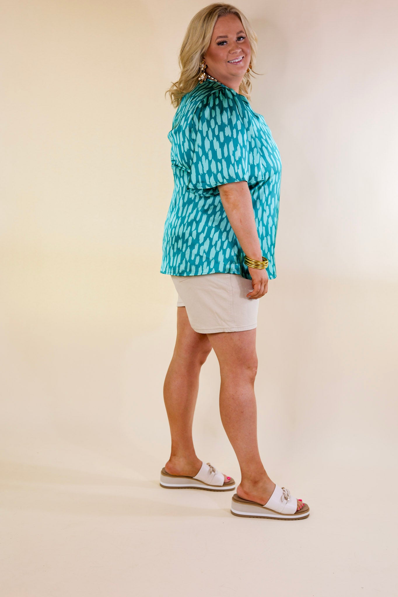Premium Satin Dotted V-Neck Blouse - Teal Mix
