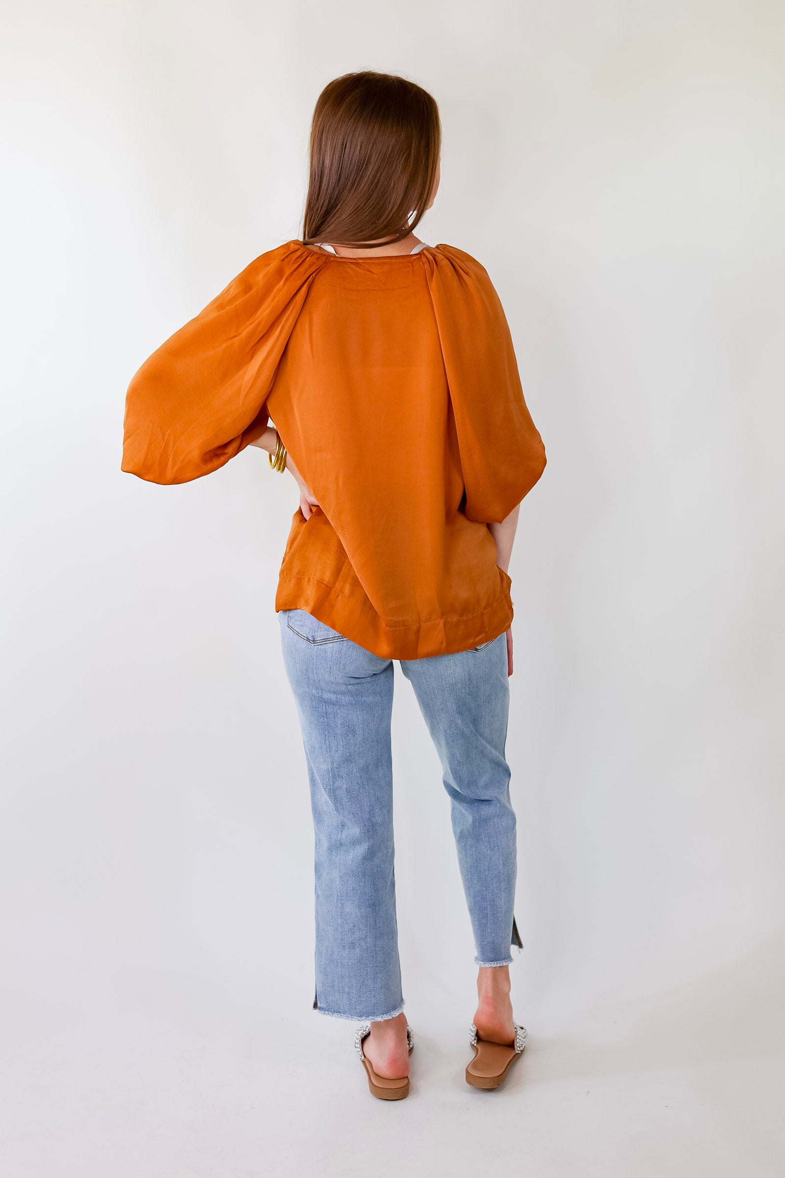 Premium Flash A Smile Balloon Sleeve Satin Blouse - Burnt Orange