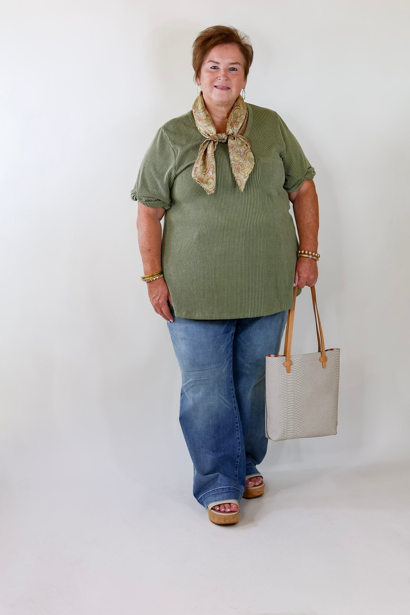Premium Olive Green Ribbed Short Sleeve Top with Front Pocket