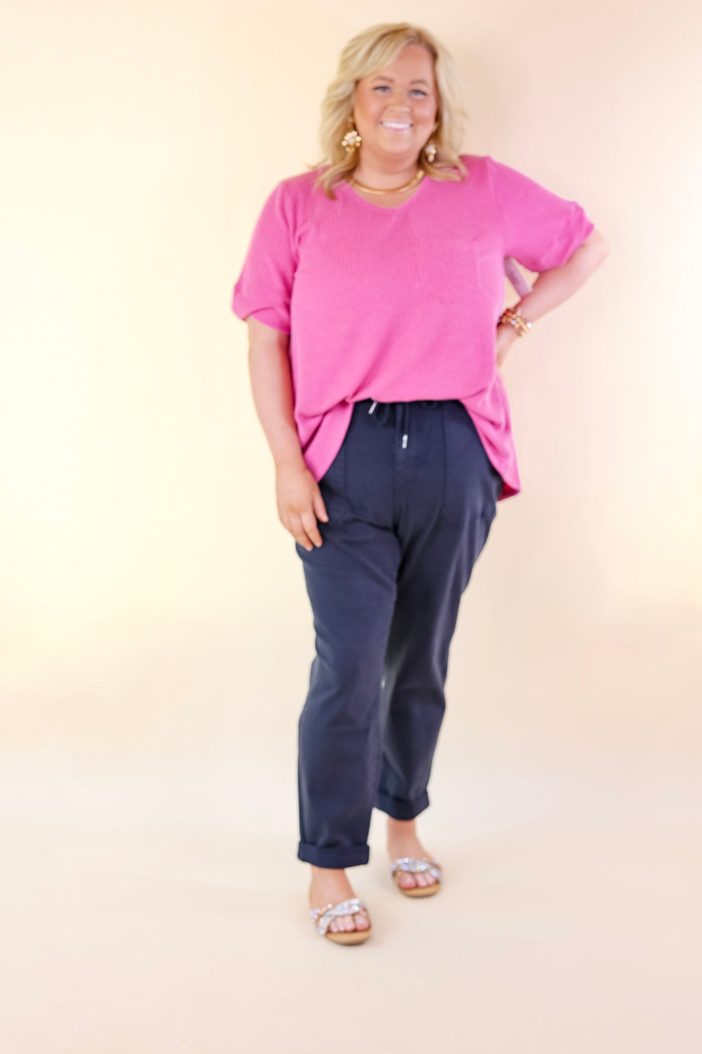 Ultimate Comfort Ribbed Short Sleeve Top with Front Pocket - Orchid Pink