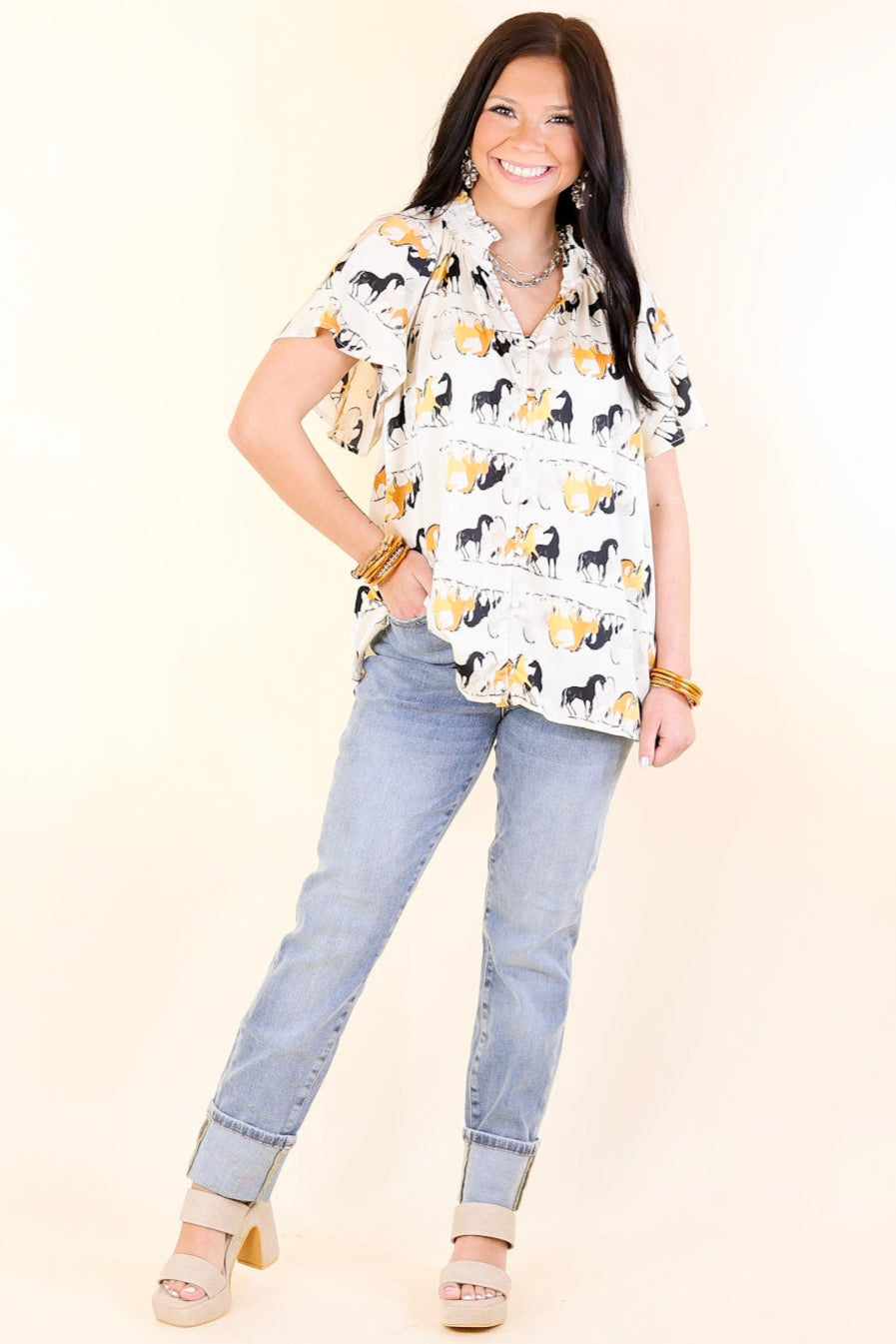 Premium Away We Go Ivory Horse Print Button-Up Shirt