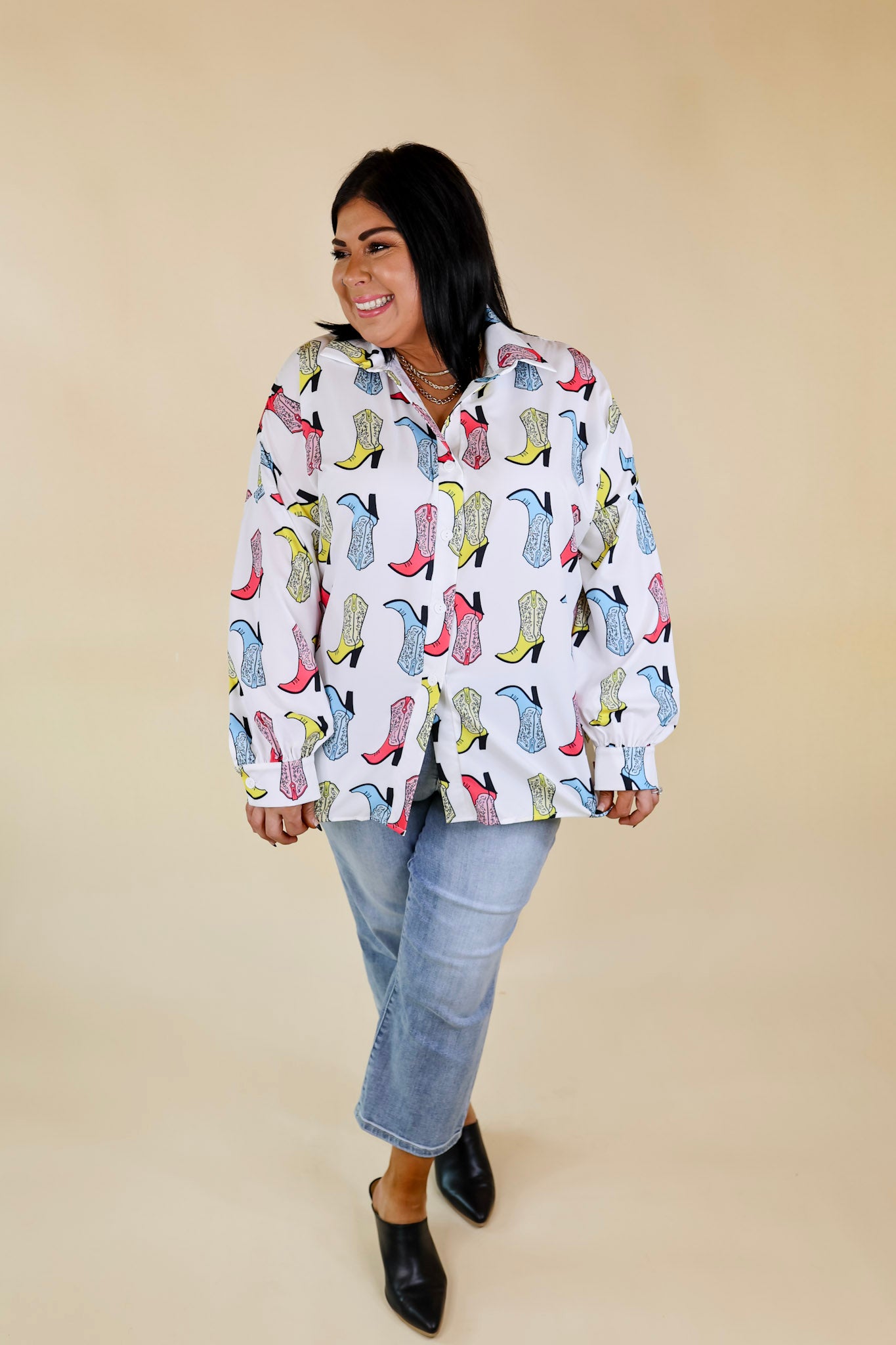 Ultimate Cowgirl Chic Button-Up Top - Multi-Color Boot Print in White