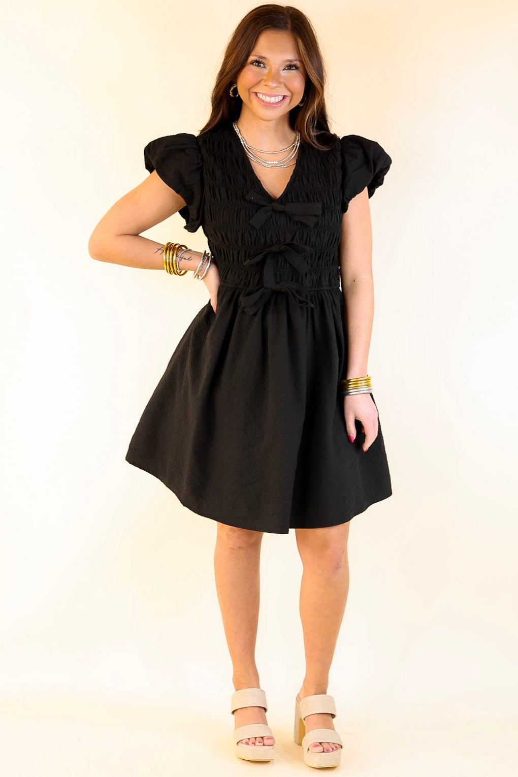 Premium Elegance Cap Sleeve Bow Dress in Black