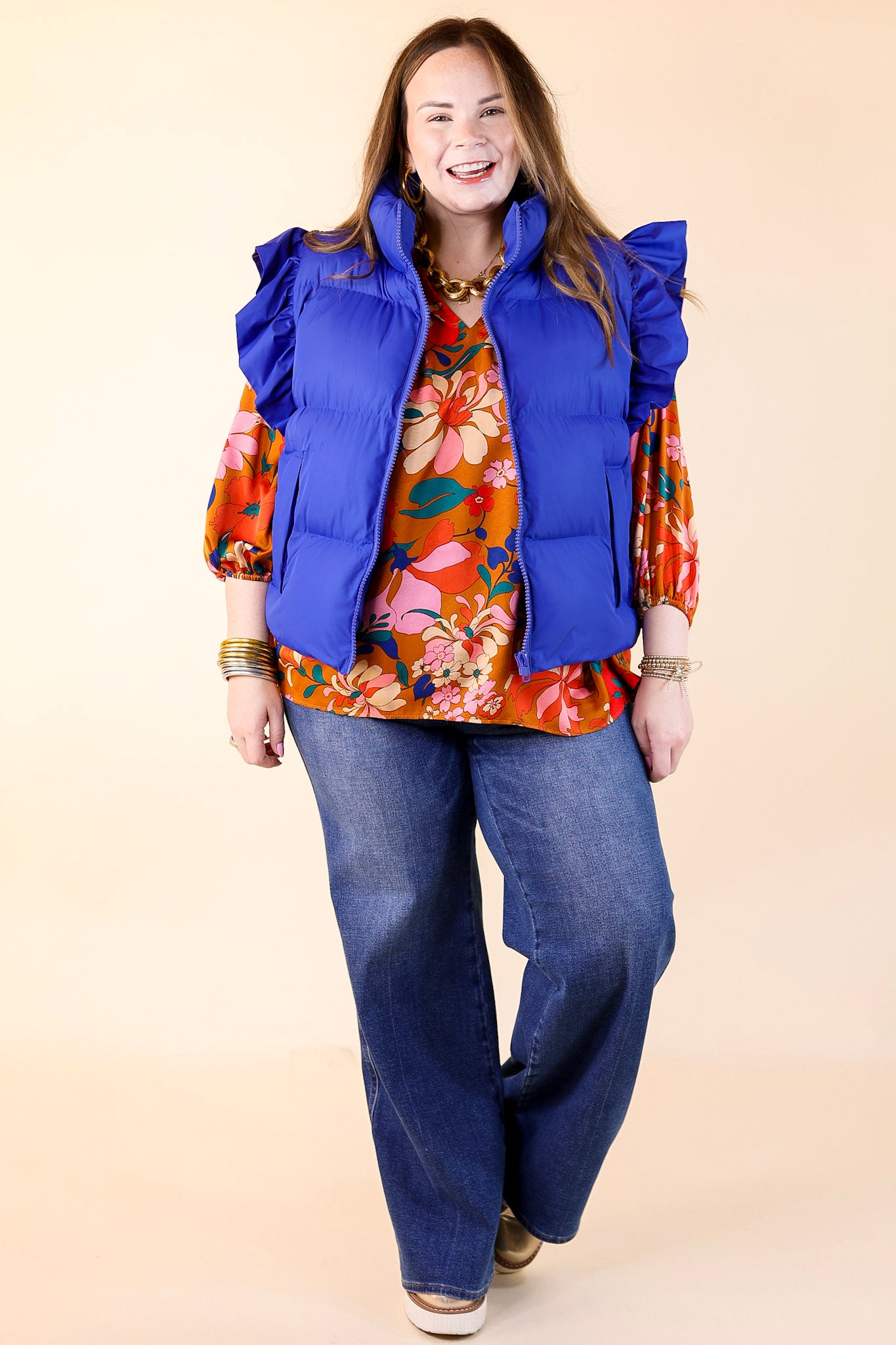 Premium All-Season Ruffle Sleeve Puffer Vest - Royal Blue