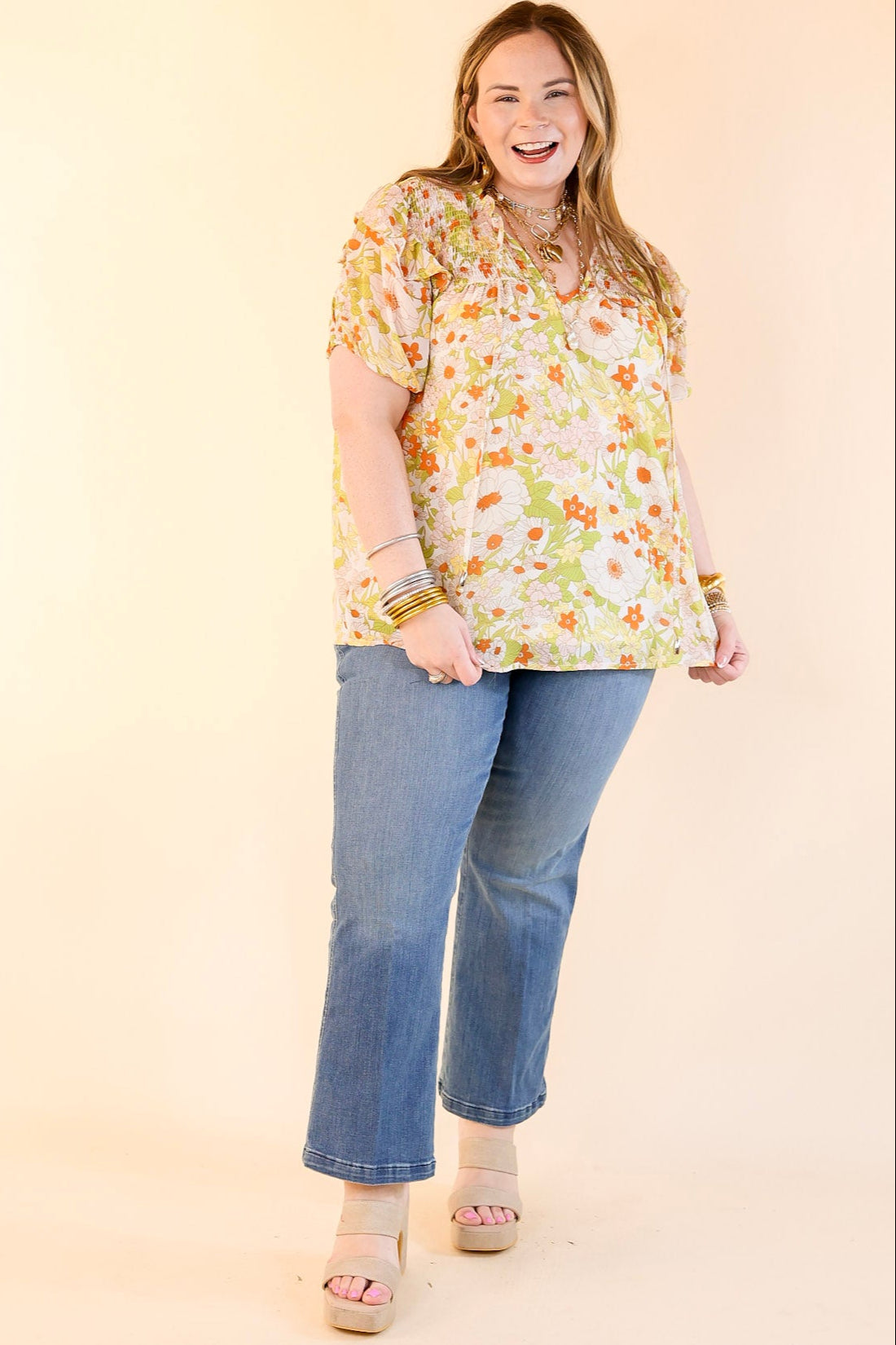 Premium Floral Keyhole Top - Ivory & Green Elegance