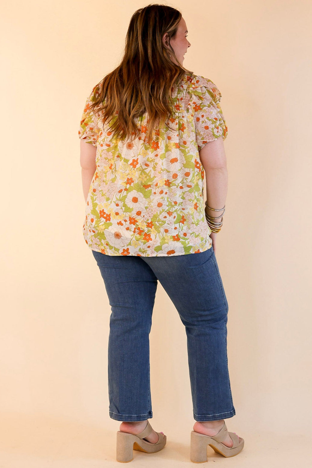 Premium Floral Keyhole Top - Ivory & Green Elegance