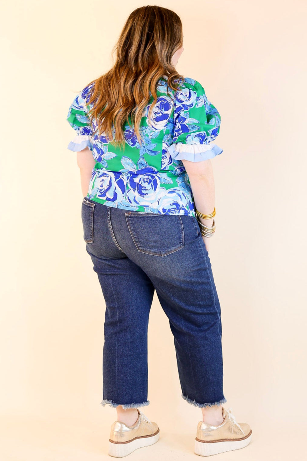 Premium Floral Ruffled V-Neck Top - Green & Blue Elegance
