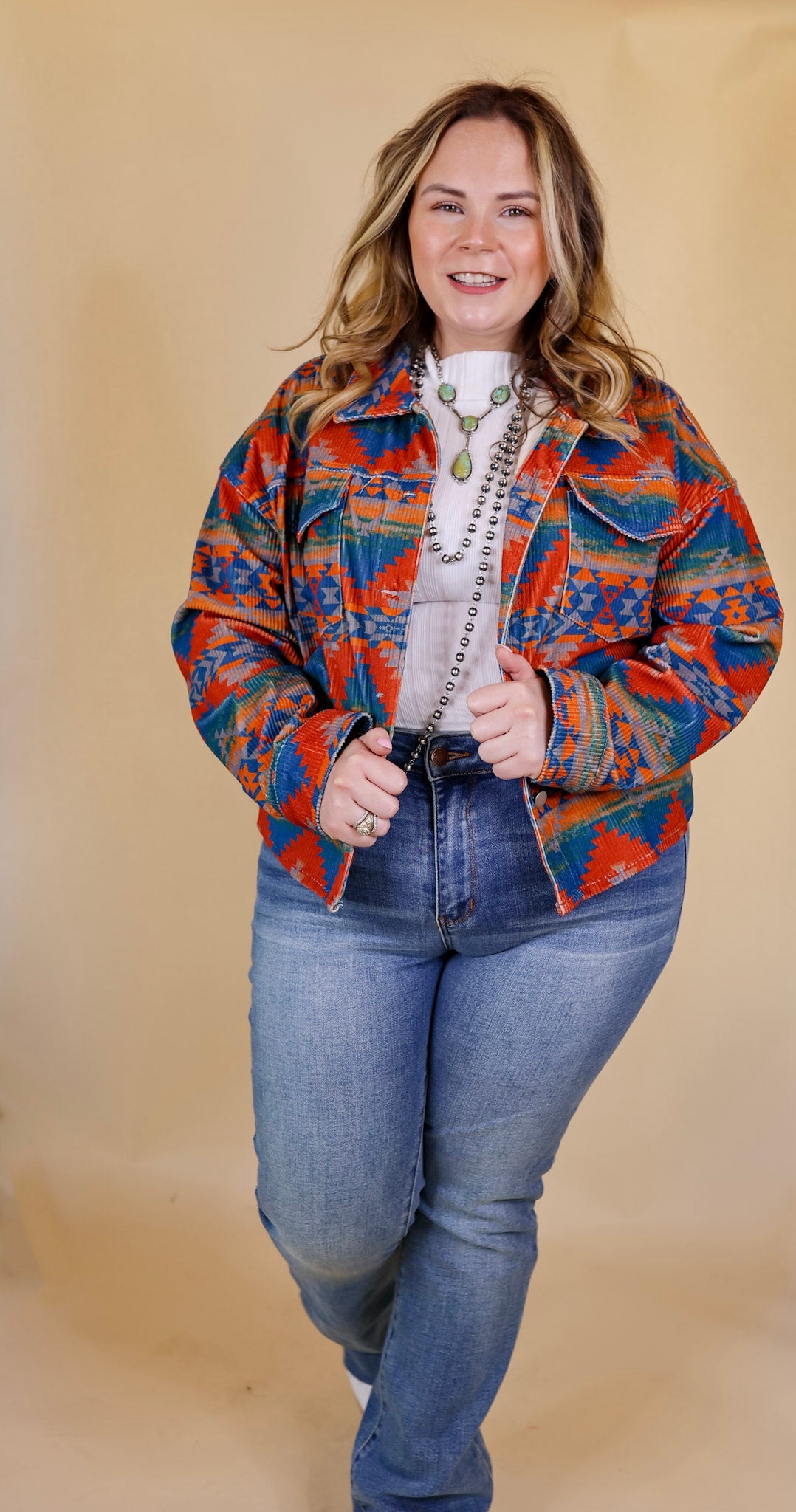 Premium Corduroy Aztec Print Shacket - Red & Blue