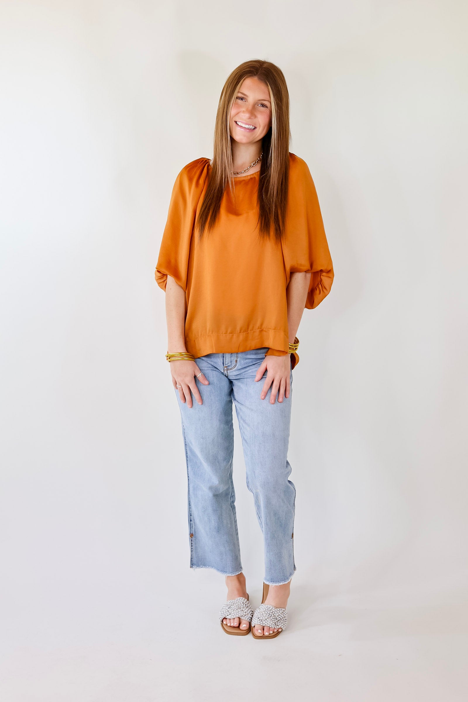 Premium Flash A Smile Balloon Sleeve Satin Blouse - Burnt Orange