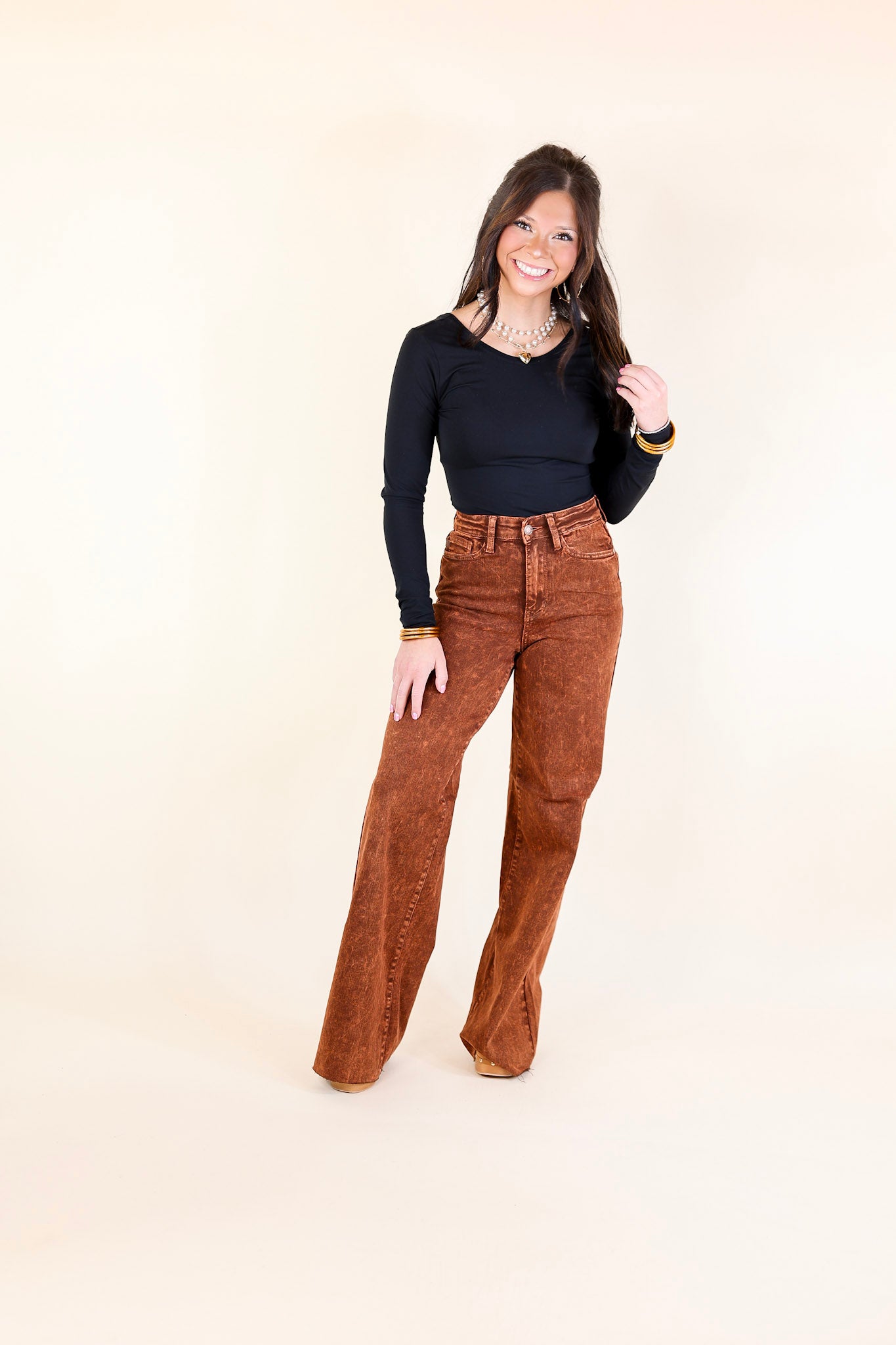 Judy Blue | Premium Harvest Hues High Waisted Wide Leg Jeans in Pumpkin Spice Brown