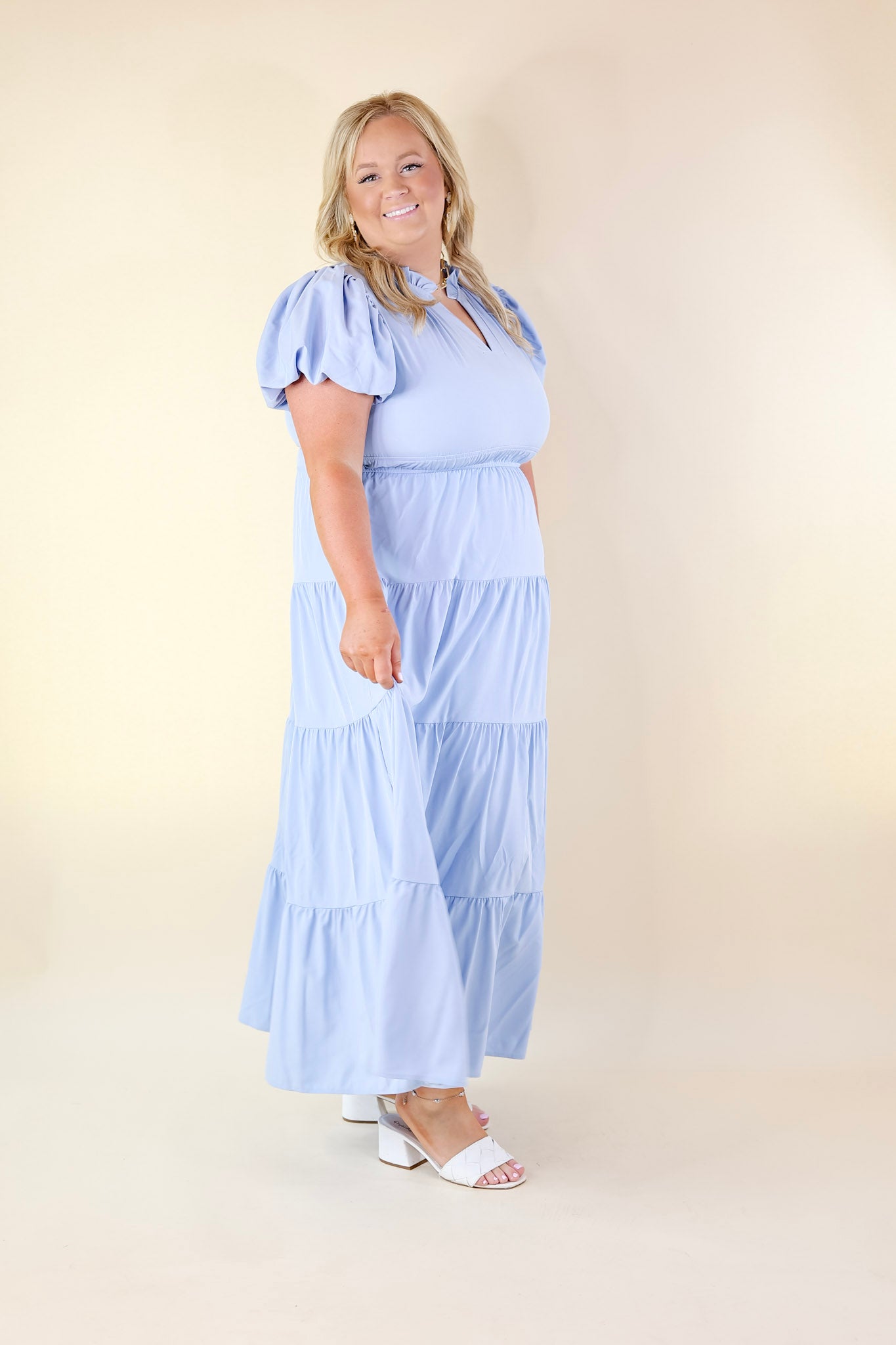 Ultimate 'Table for Two' Tiered Maxi Dress - Chambray Blue with Puff Sleeves