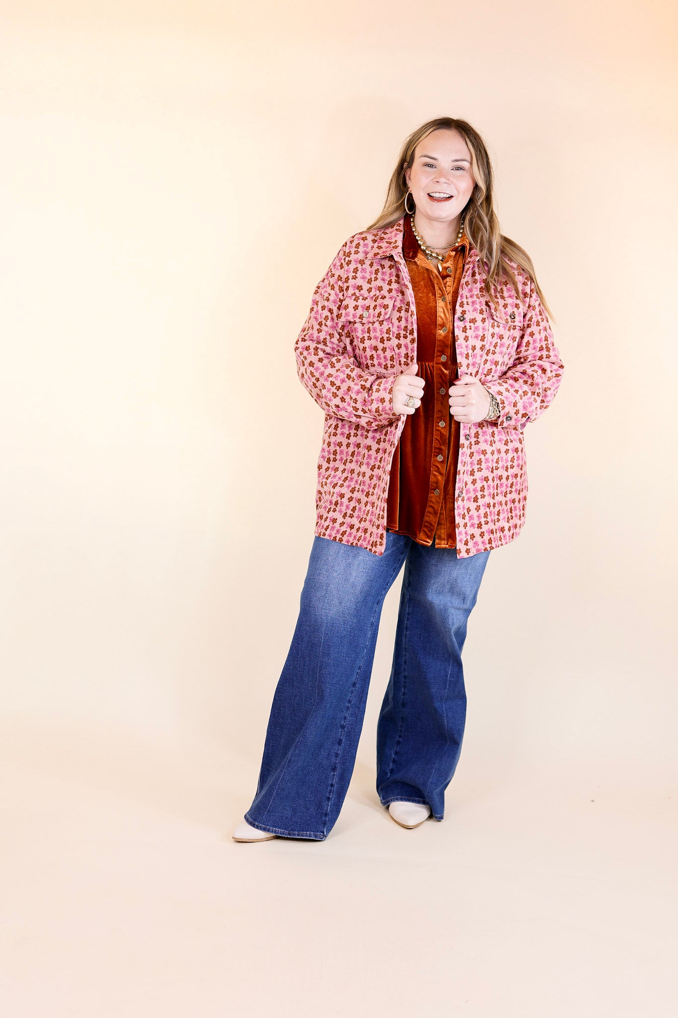 Premium Autumn Brunch Floral Print Corduroy Shacket - Dusty Pink