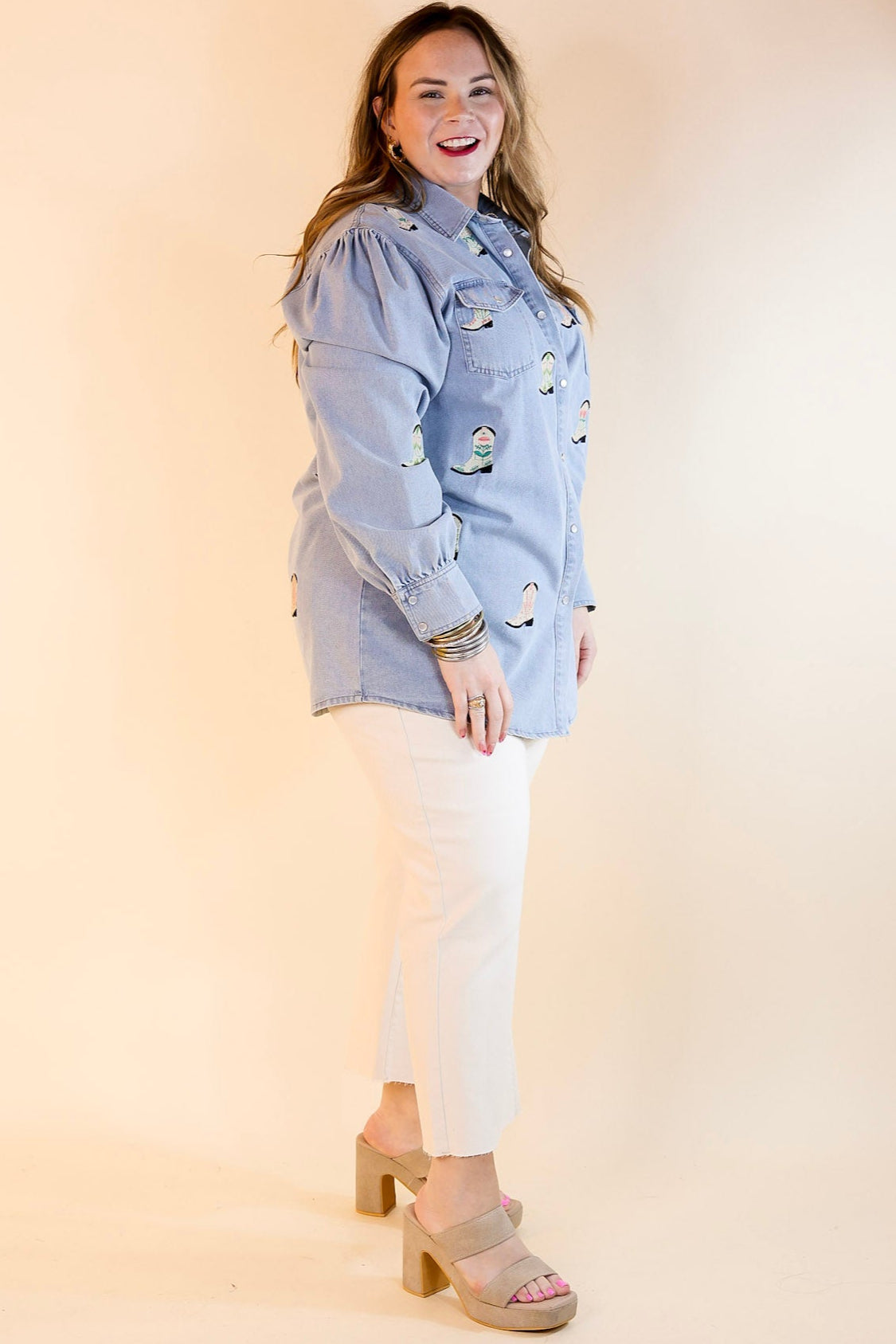 Premium Cowgirl Charm Denim Shirt with Embroidered Boot Icons