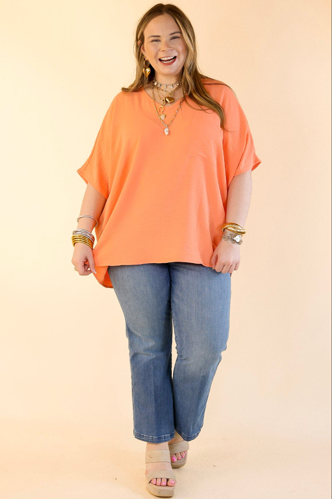 Premium Casual V-Neck Short Sleeve Top with Front Pocket - Coral