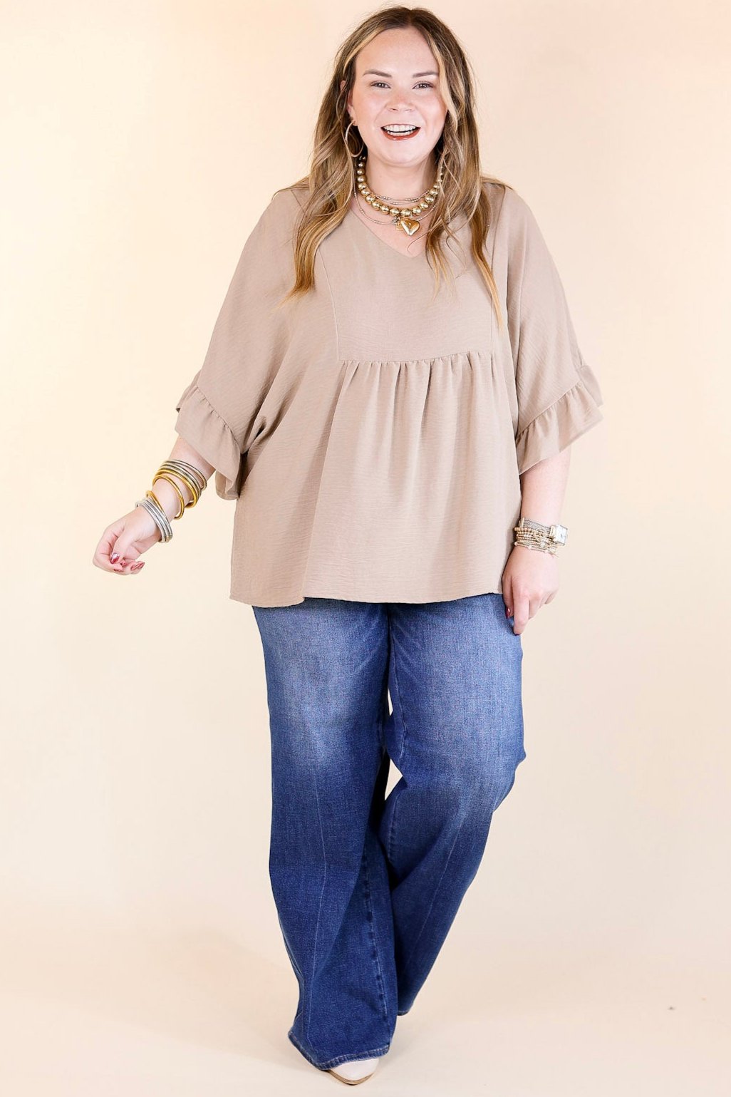 Premium Chic Cascades Tiered V-Neck Ruffle Sleeve Top in Taupe