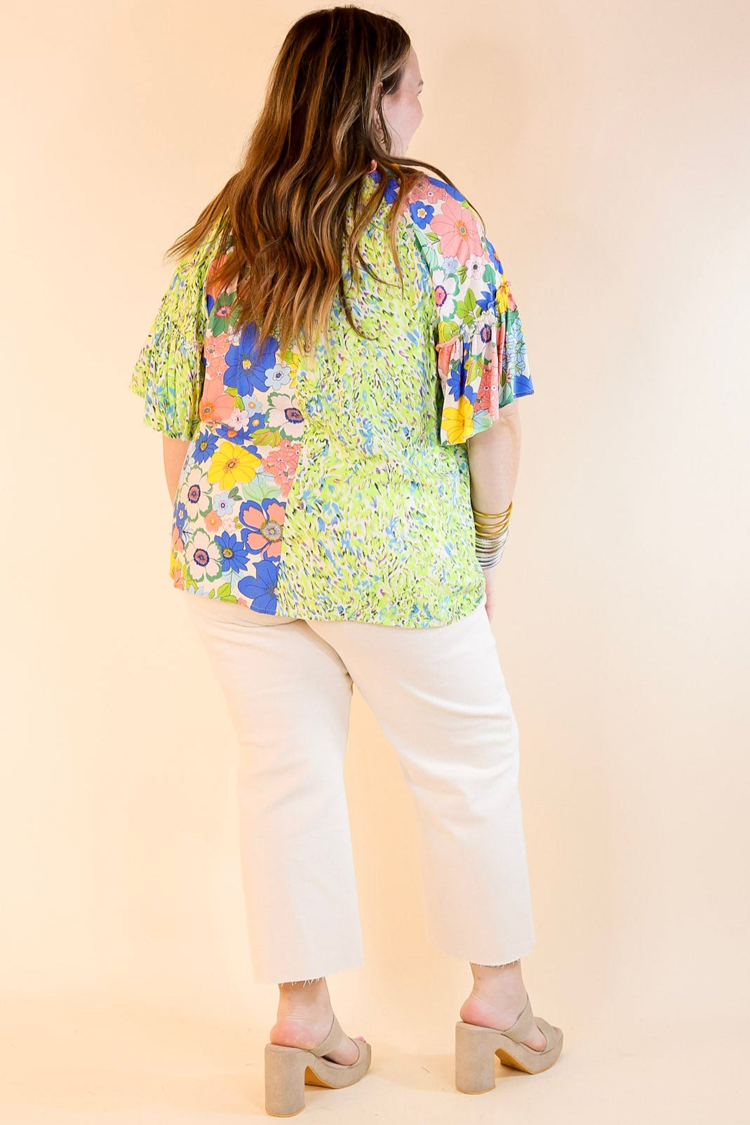 Premium Double Time Abstract & Floral Print Top - Green & Blue Statement Piece
