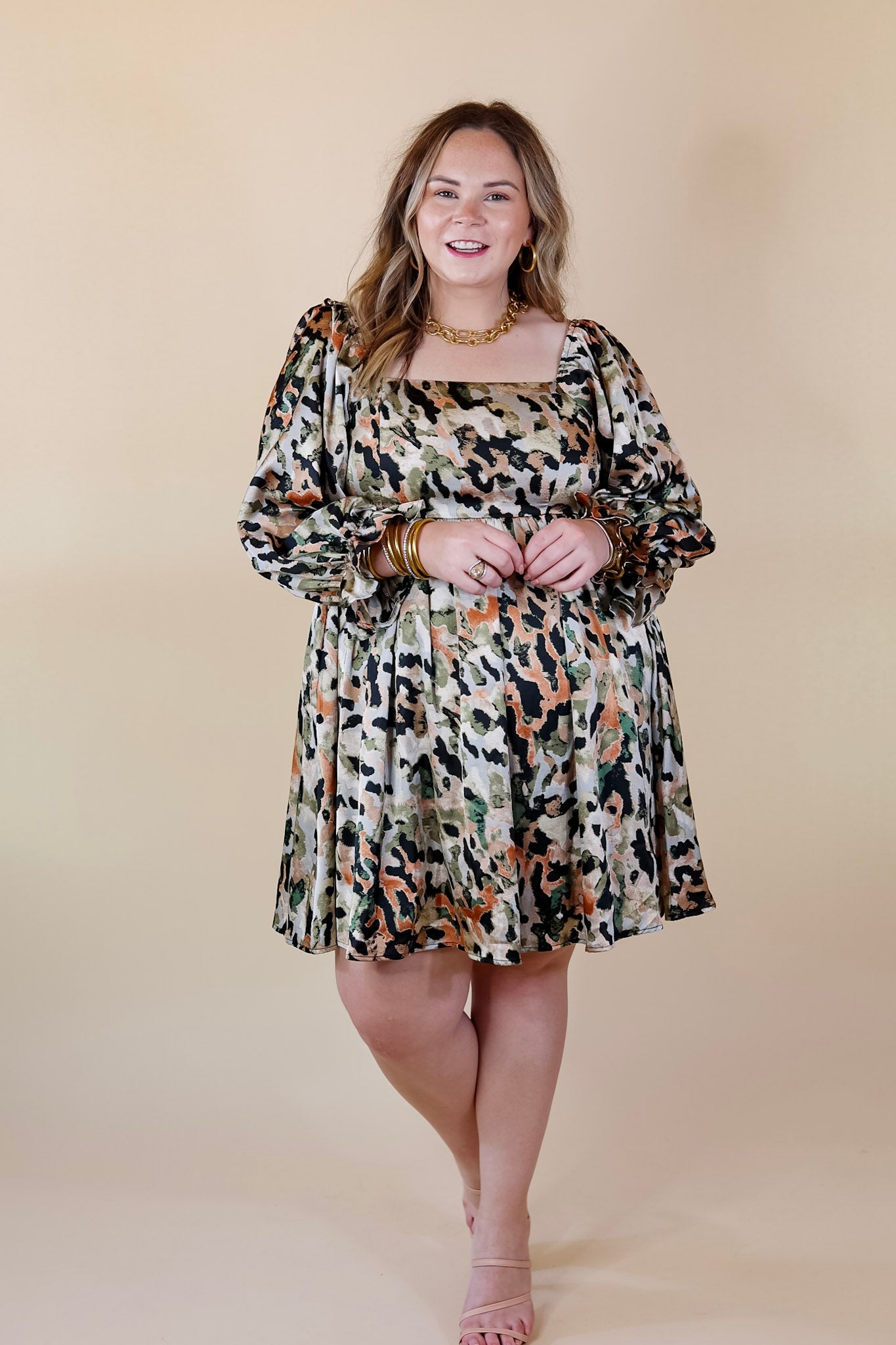 Premium Watercolor Satin Dress | Olive Mix Elegance with 3/4 Sleeves