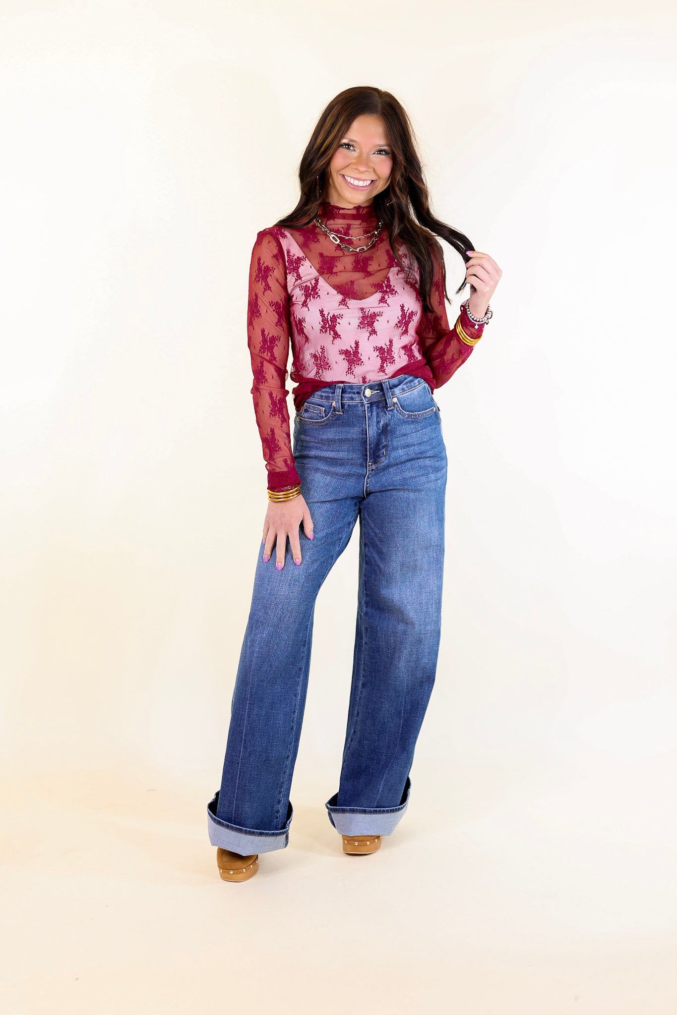 Ultimate Elegance: Premium Maroon Lace Mock Neck Top