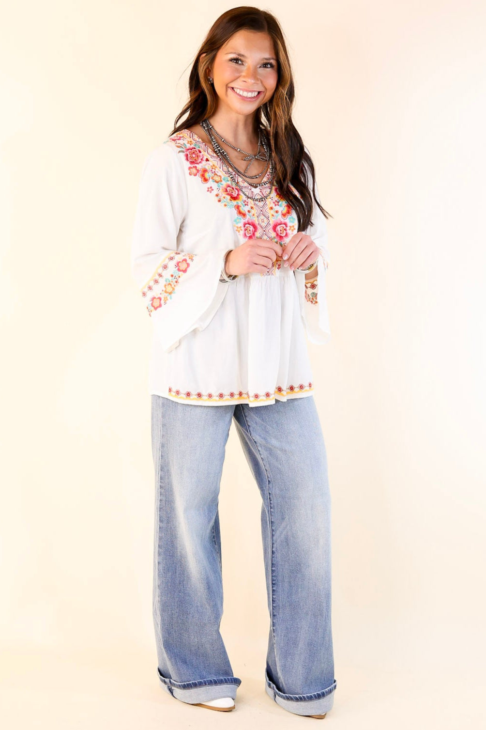 Premium Joyous Moments 3/4 Bell Sleeve Embroidered Babydoll Top in White