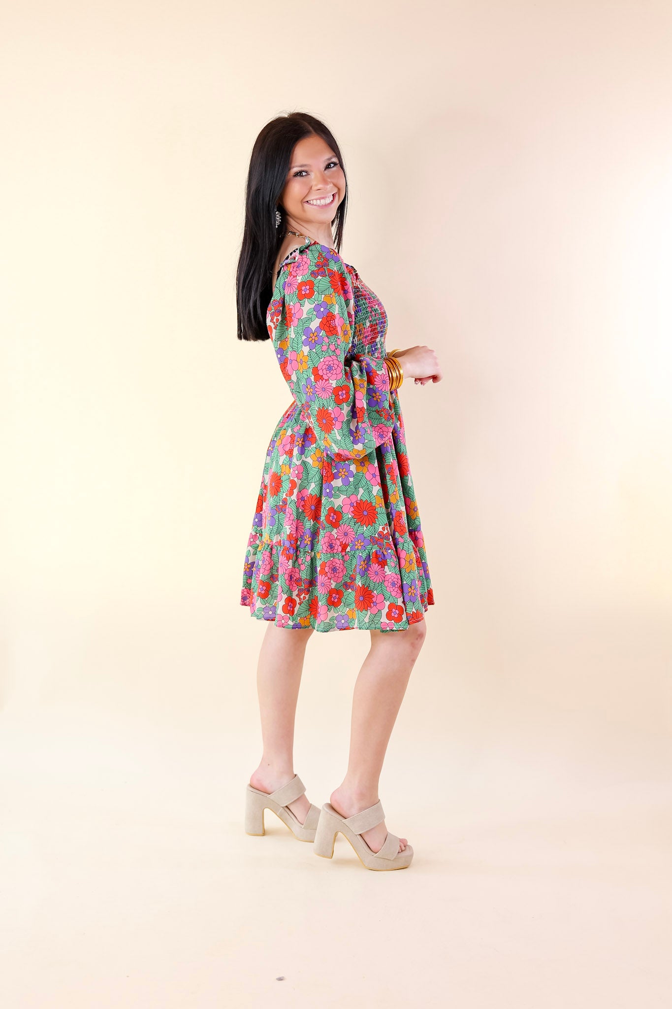 Premium People Person Floral Dress - Smocked Bodice & Ruffled Neckline
