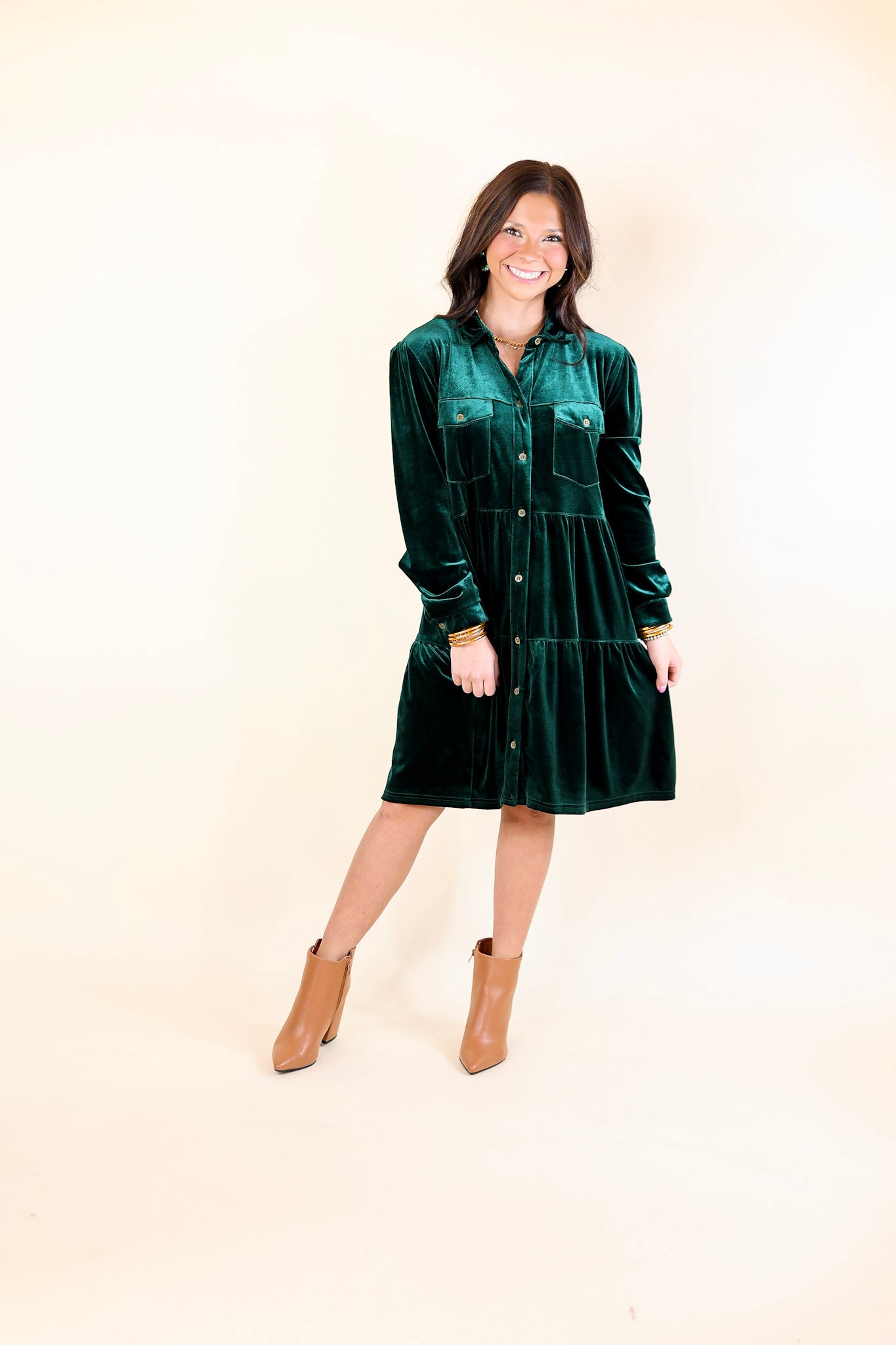 Premium Velvet Button-Up Dress - Emerald Green Elegance