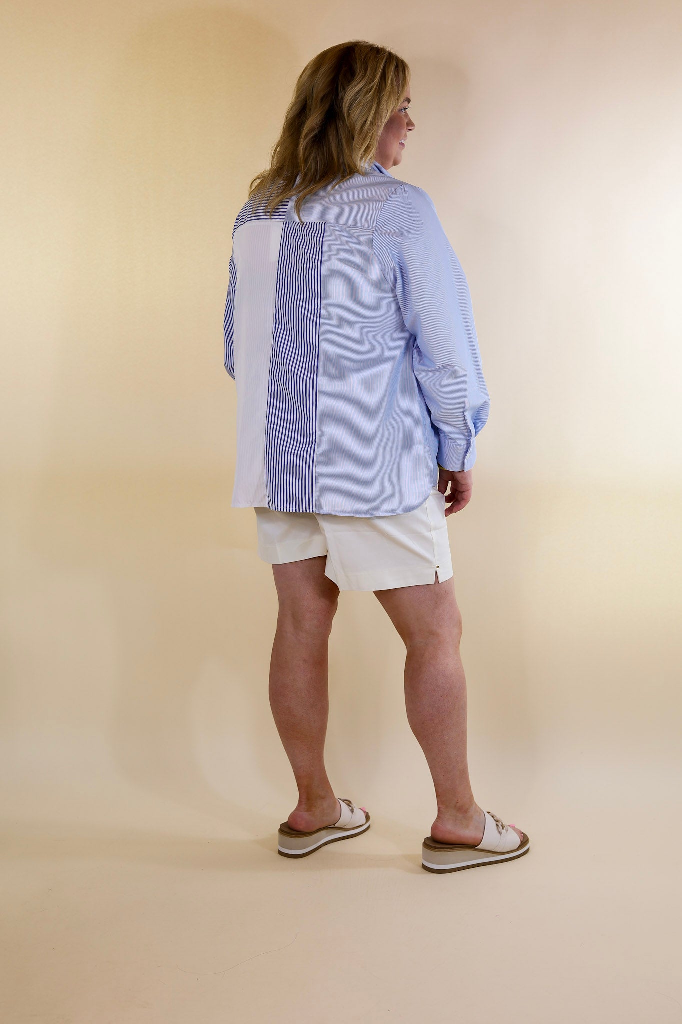 Premium Pin Stripe Color Block Button-Up Top - Blue & White