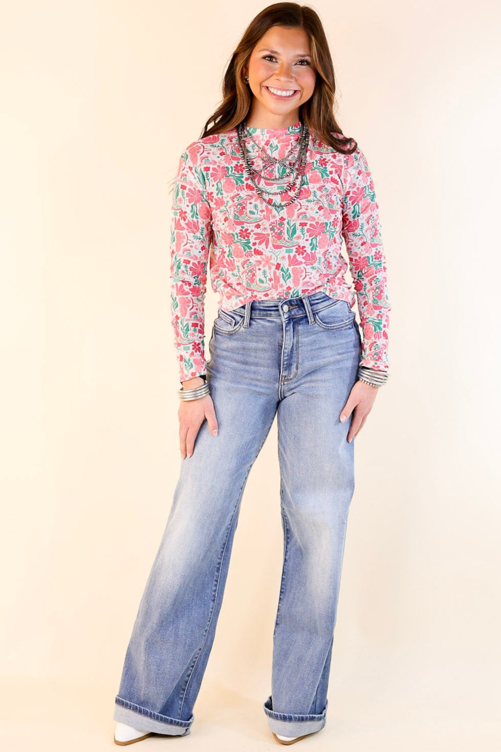 Premium Western Dream Mesh Long Sleeve Top - Pink Floral Print