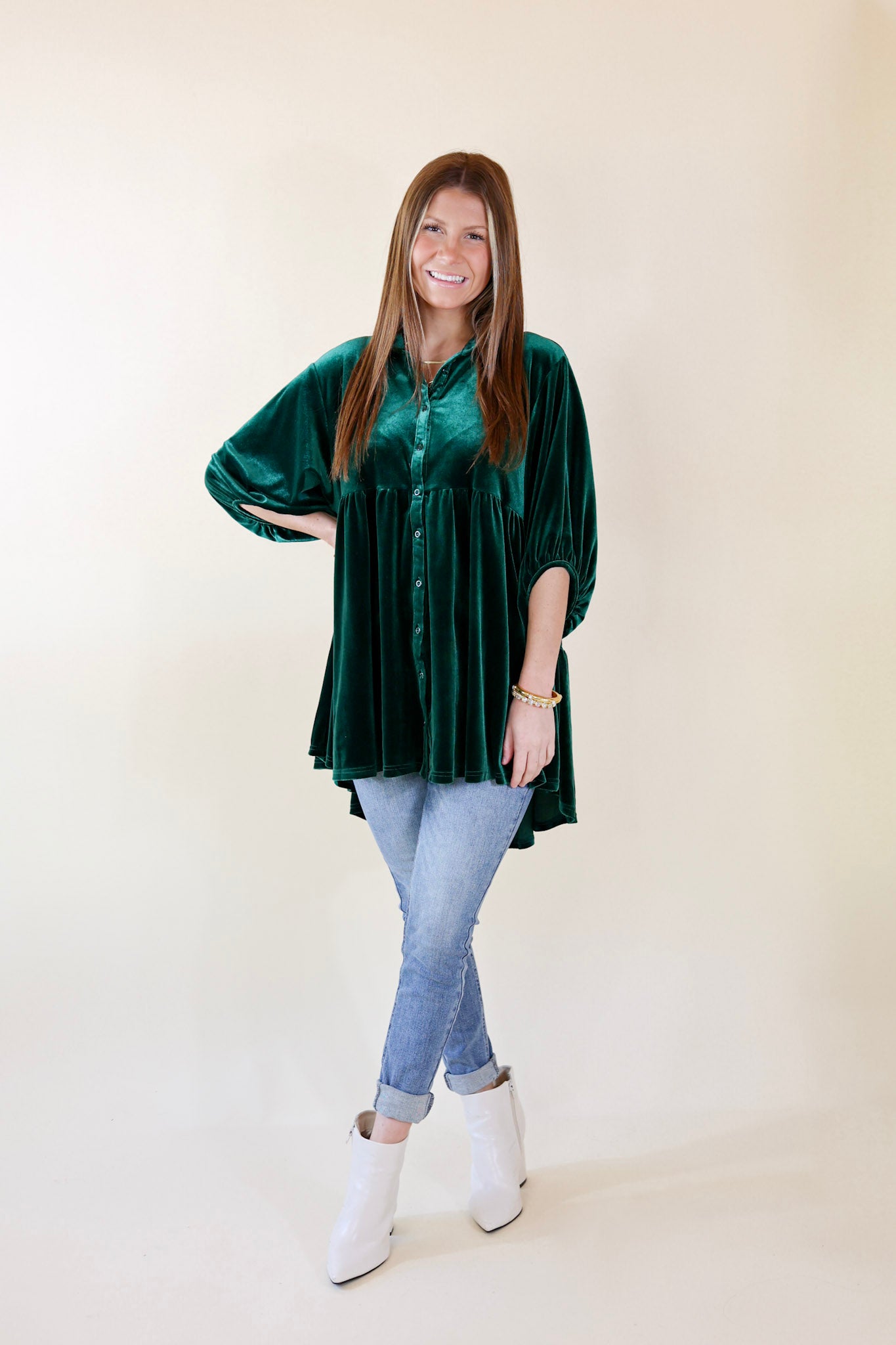 Premium Velvet Babydoll Tunic Top - Emerald Green | Love Link Collection