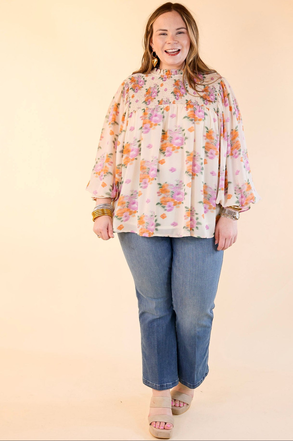 Premium Garden Glow Watercolor Floral Blouse - Elegant High Neckline in Ivory