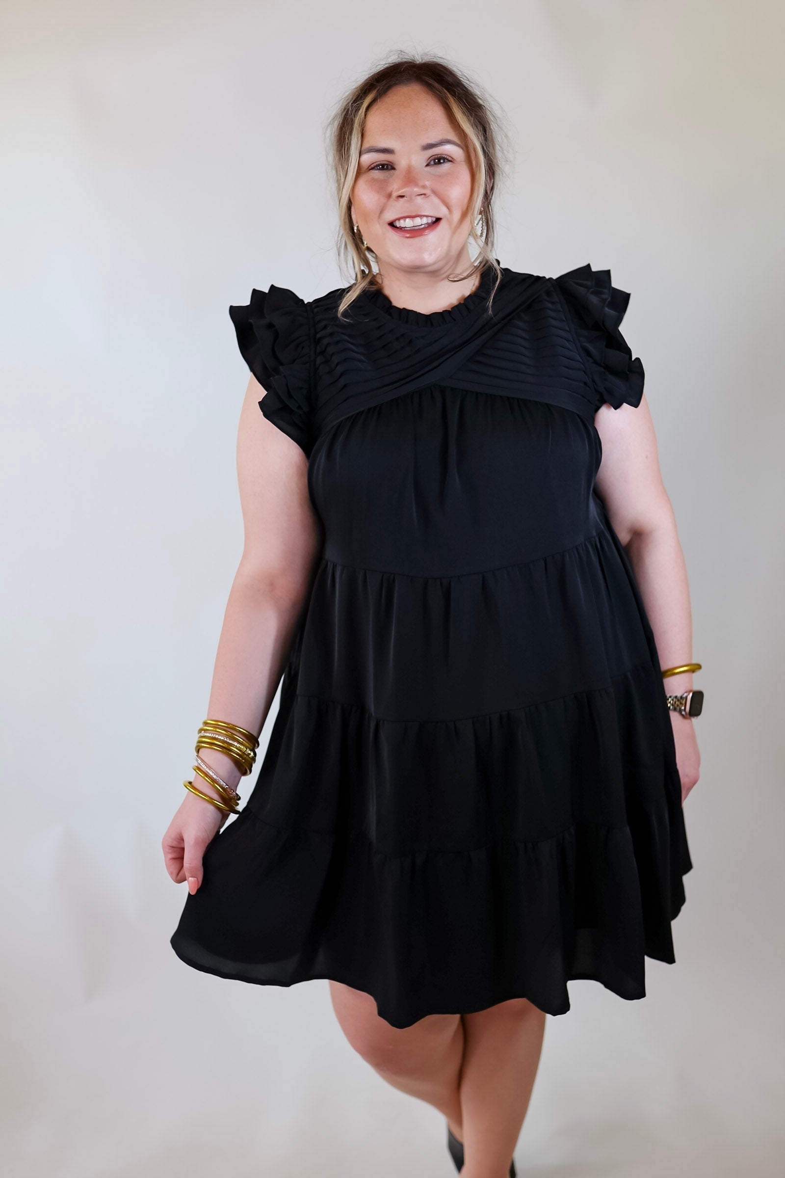 Premium Black Ruffle Tiered Dress with Pleated Detailing
