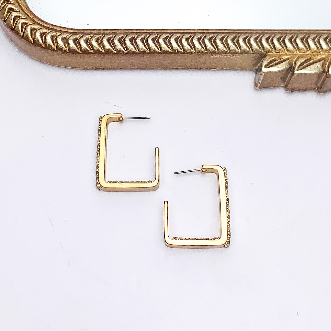 Premium Gold Tone Rectangle Hoop Earrings with Sparkling Crystal Inlay
