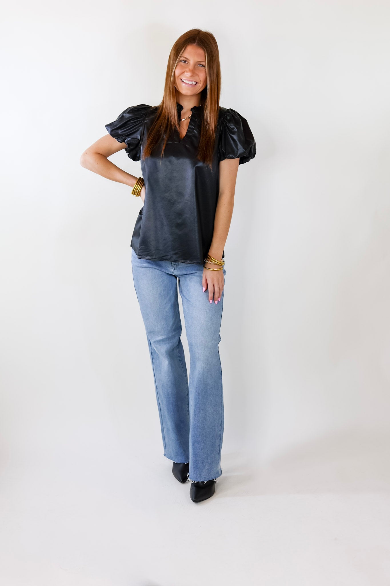 Premium Replay The Night Faux Leather Top - Black with Balloon Sleeves
